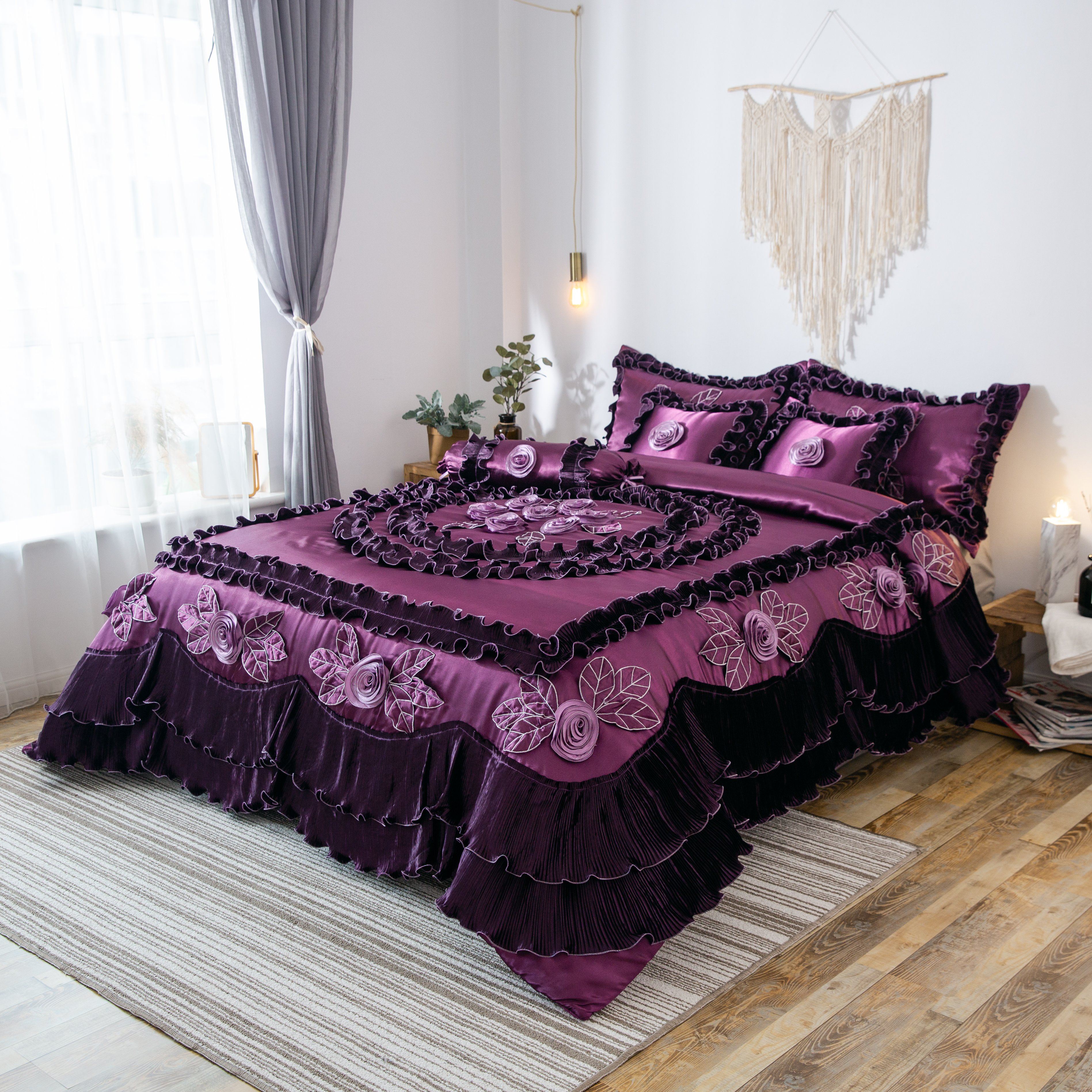 Tache Satin Ruffle Dark Purple Floral Midnight Bloom Comforter (BM-6438) - Tache Home Fashion