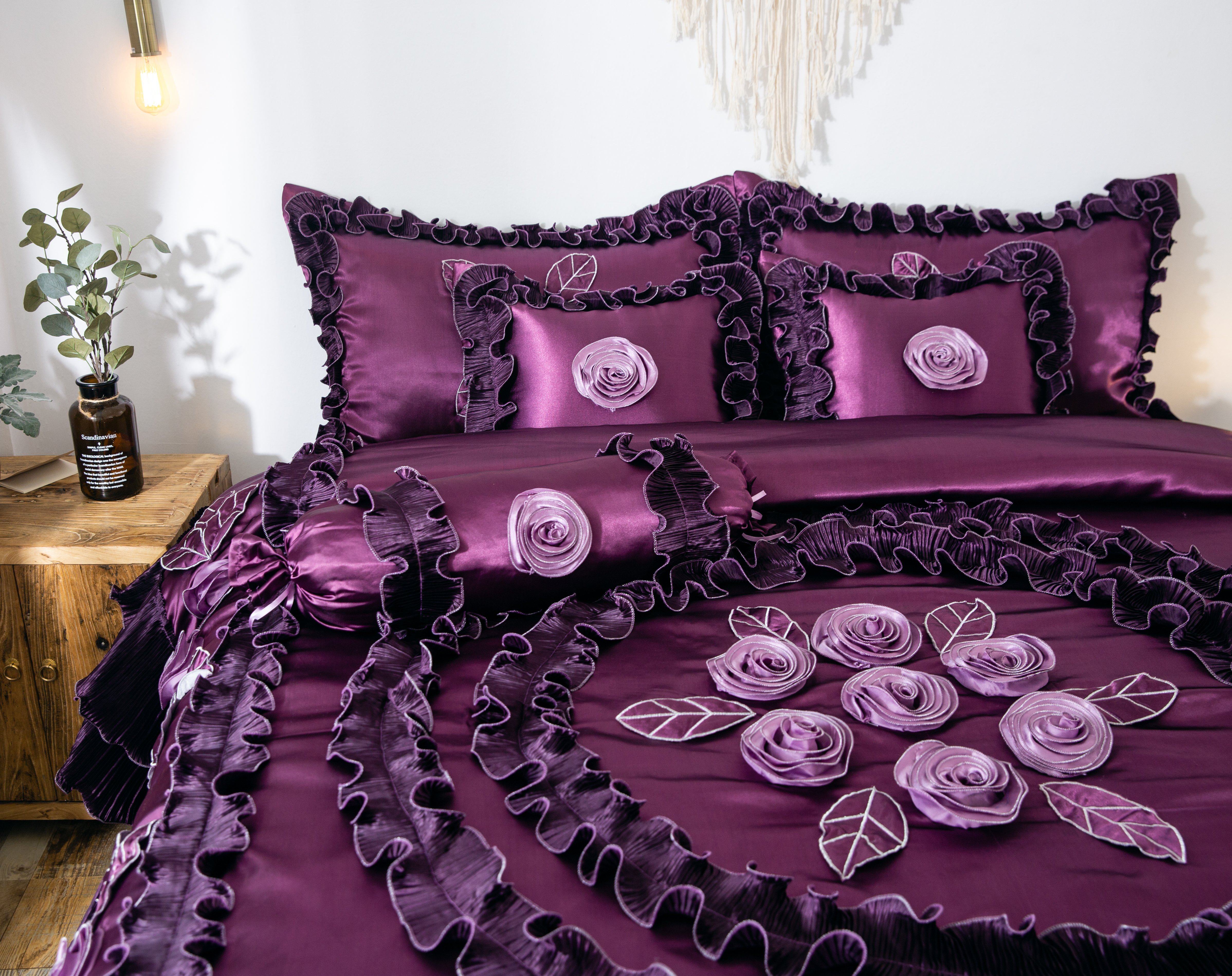 Tache Satin Ruffle Dark Purple Floral Midnight Bloom Comforter (BM-6438) - Tache Home Fashion