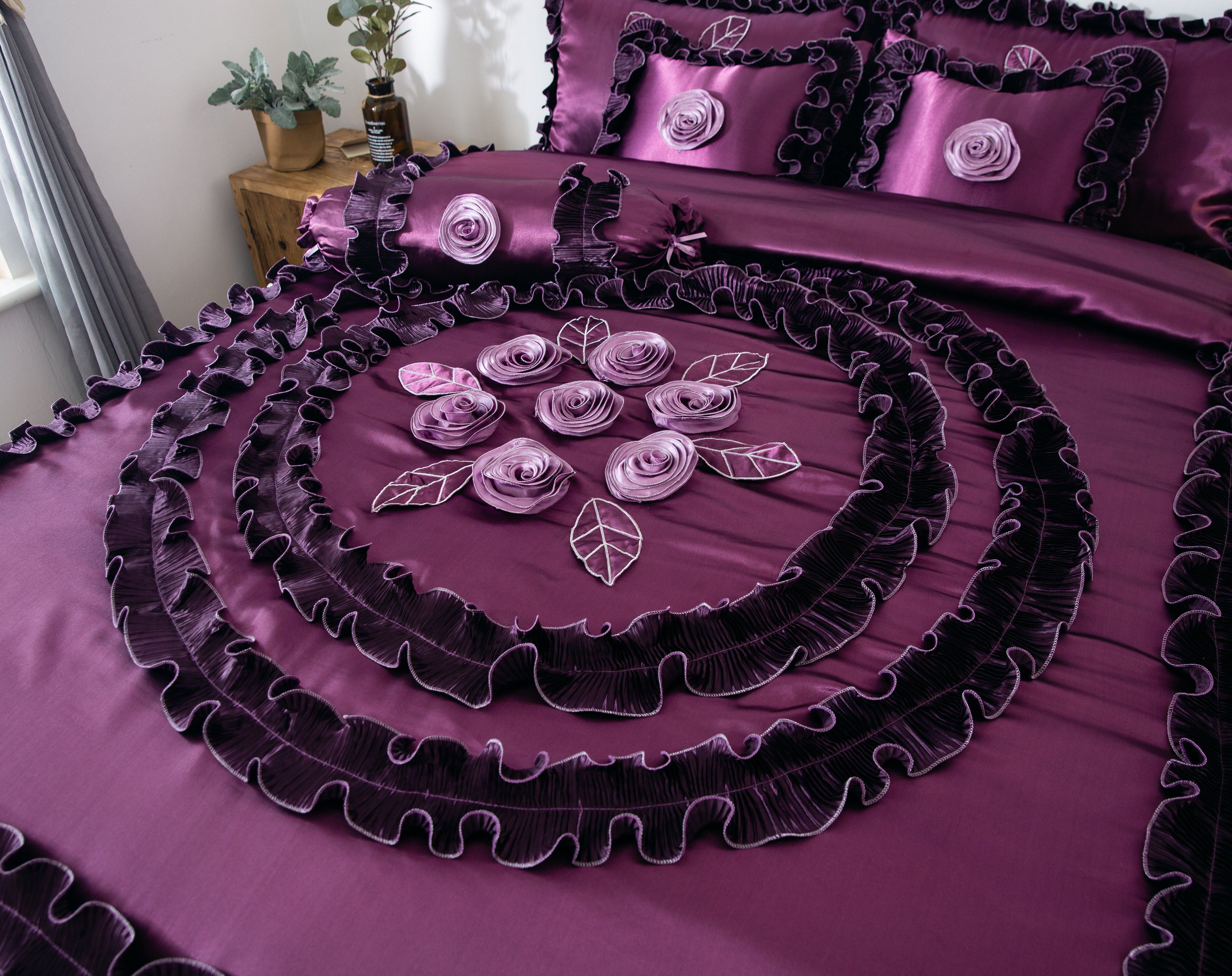 Tache Satin Ruffle Dark Purple Floral Midnight Bloom Comforter (BM-6438) - Tache Home Fashion