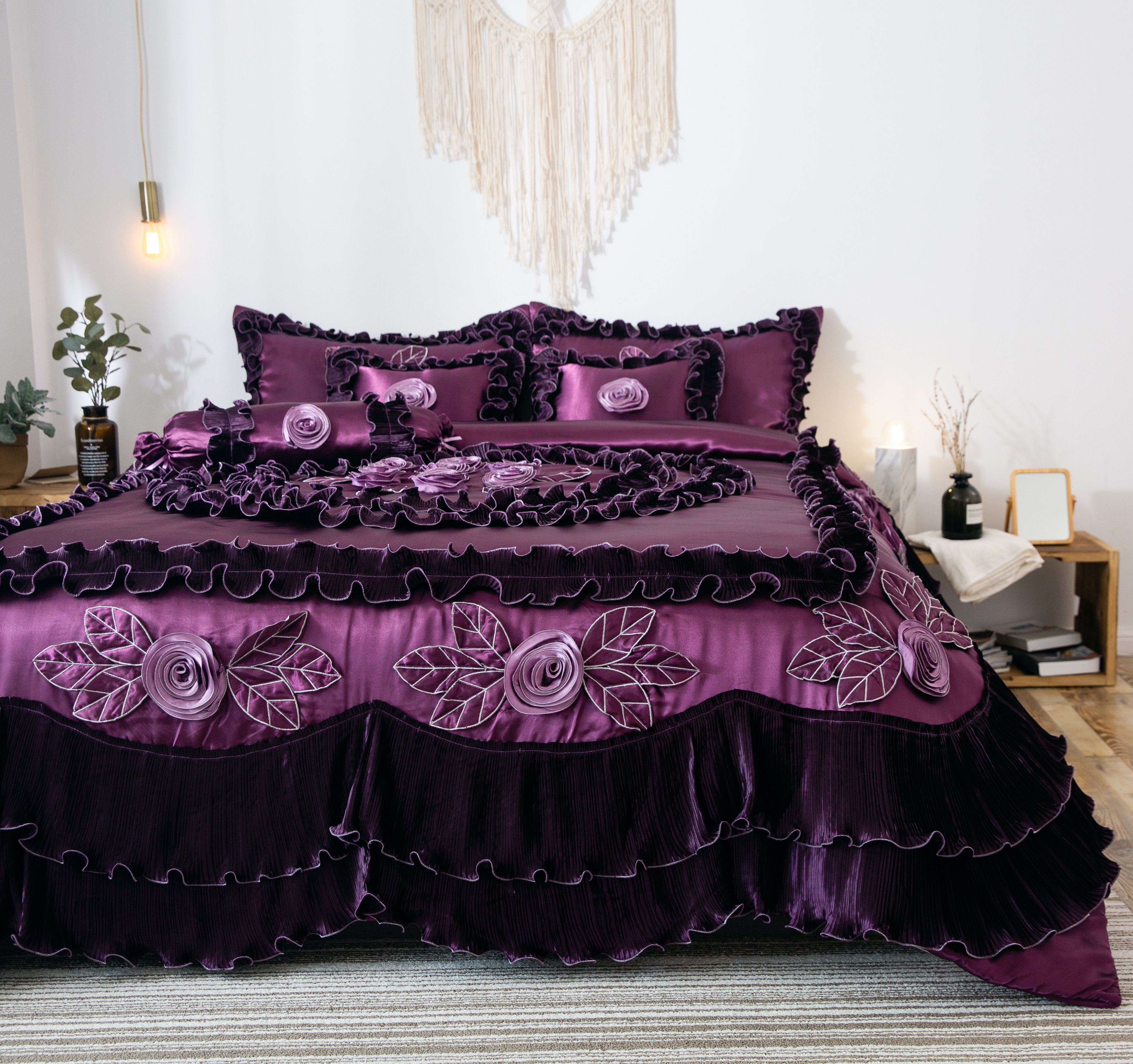 Tache Satin Ruffle Dark Purple Floral Midnight Bloom Comforter (BM-6438) - Tache Home Fashion