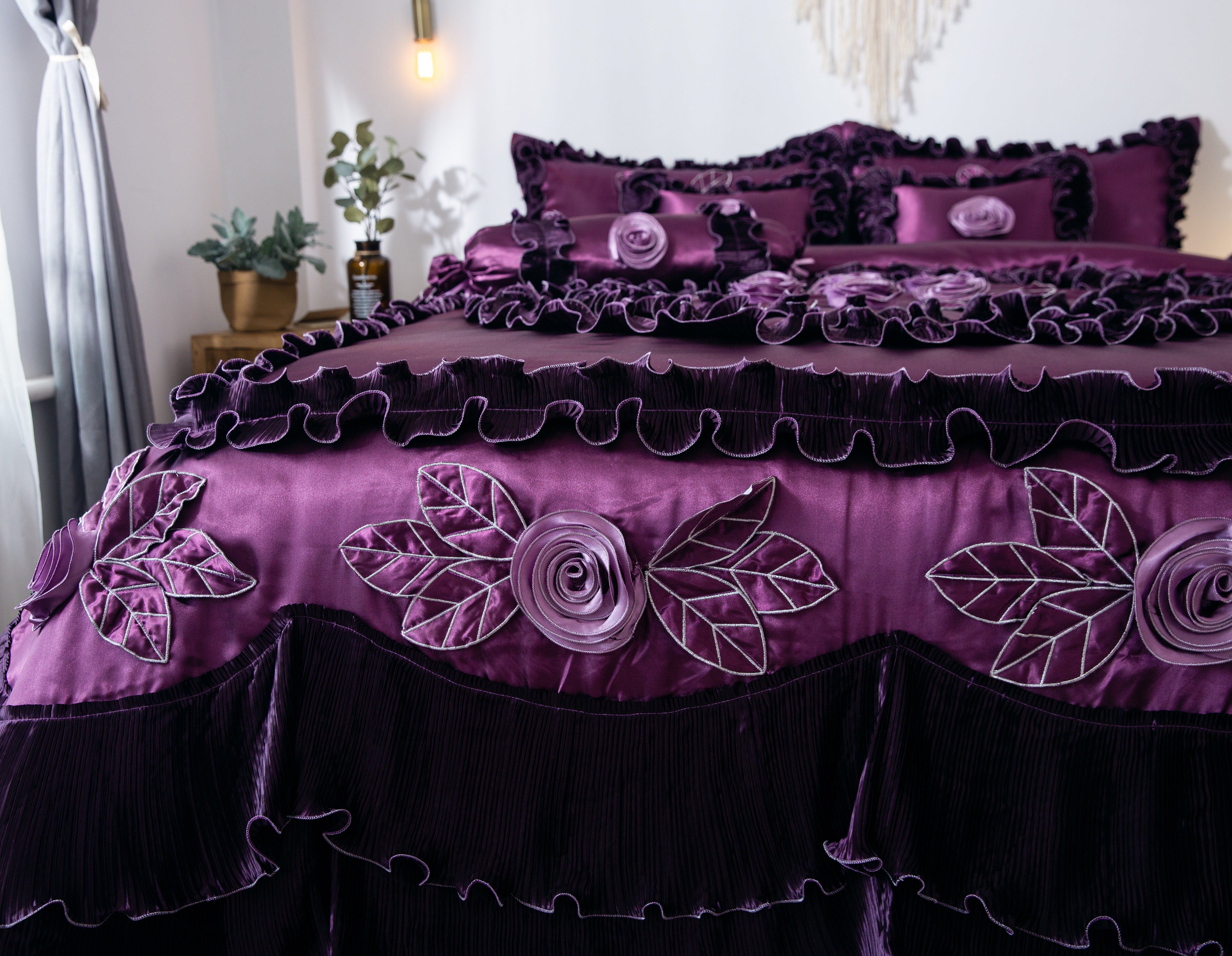 Tache Satin Ruffle Dark Purple Floral Midnight Bloom Comforter (BM-6438) - Tache Home Fashion