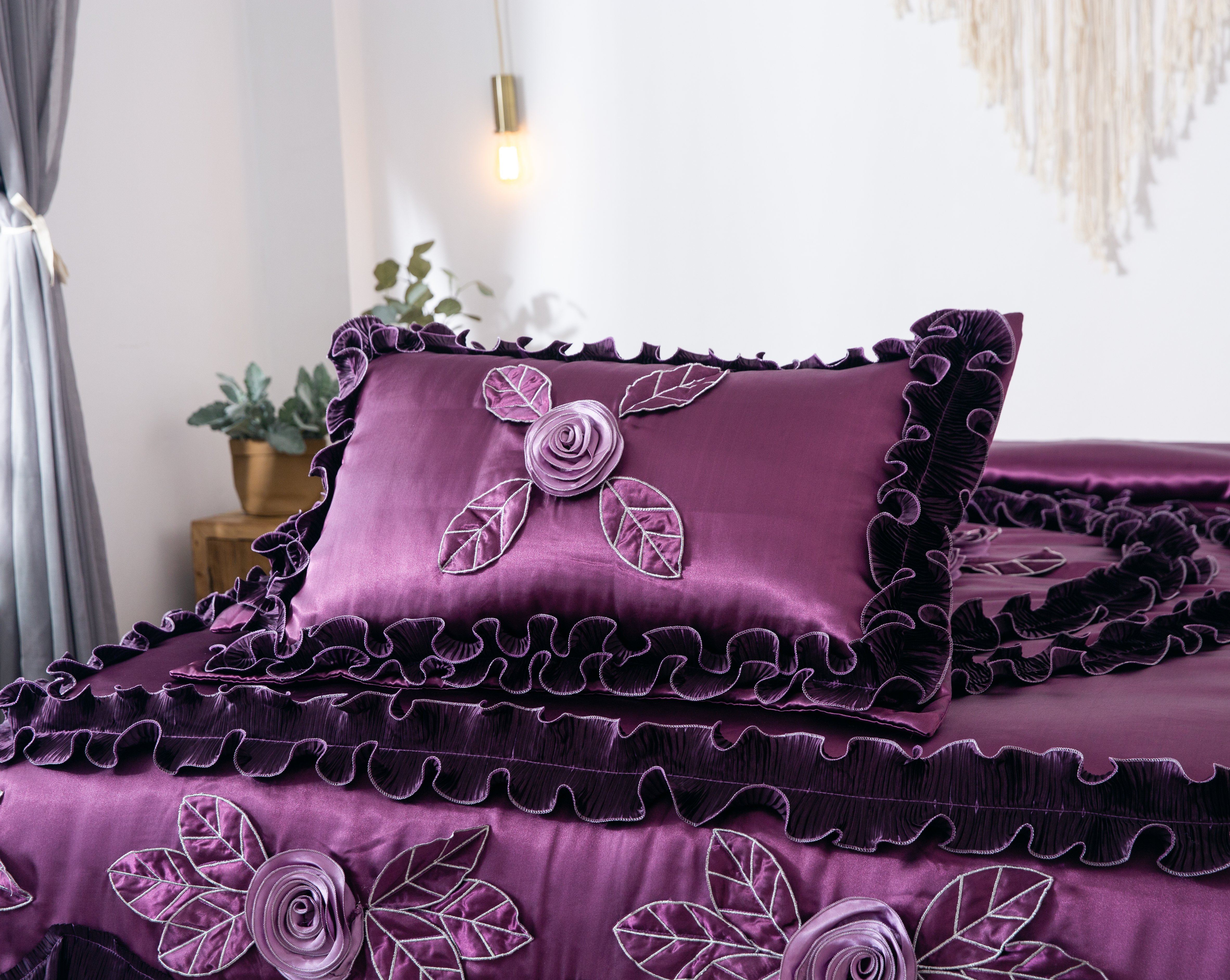 Tache Satin Ruffle Dark Purple Floral Midnight Bloom Comforter (BM-6438) - Tache Home Fashion