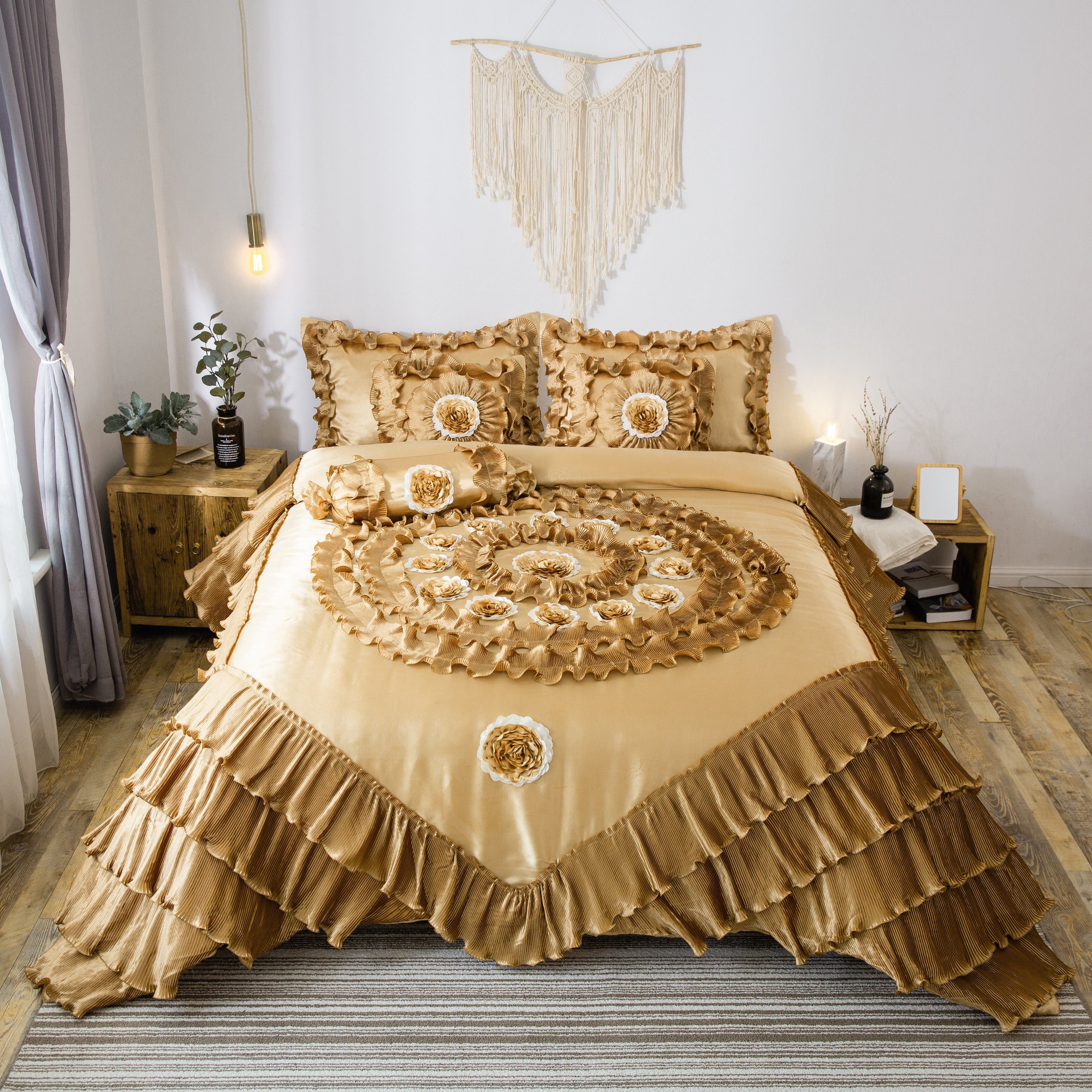 Tache Satin Ruffle Floral Gold Caramel Latte Comforter (BM4578) - Tache Home Fashion