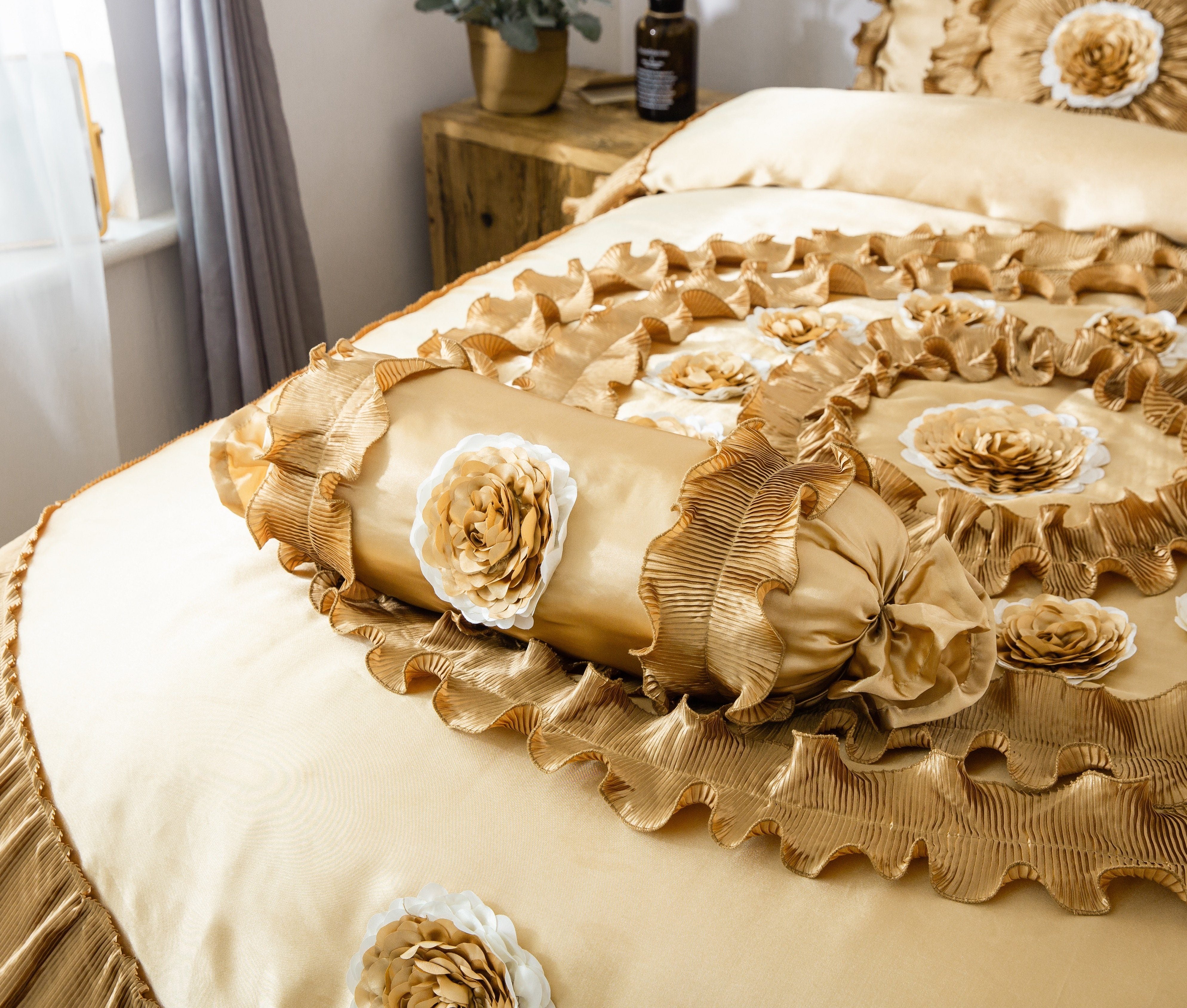 Tache Satin Ruffle Floral Gold Caramel Latte Comforter (BM4578) - Tache Home Fashion