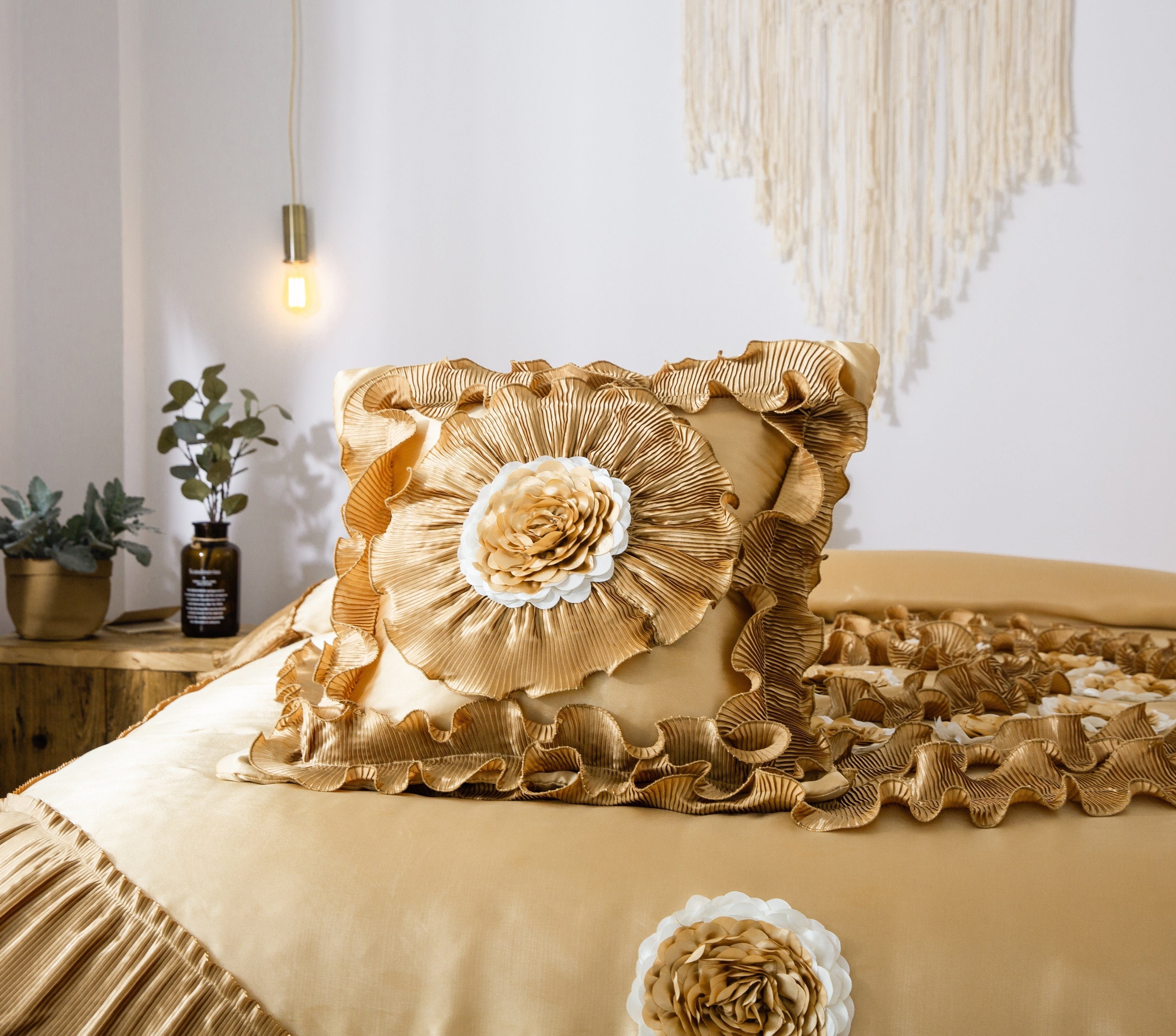 Tache Satin Ruffle Floral Gold Caramel Latte Comforter (BM4578) - Tache Home Fashion