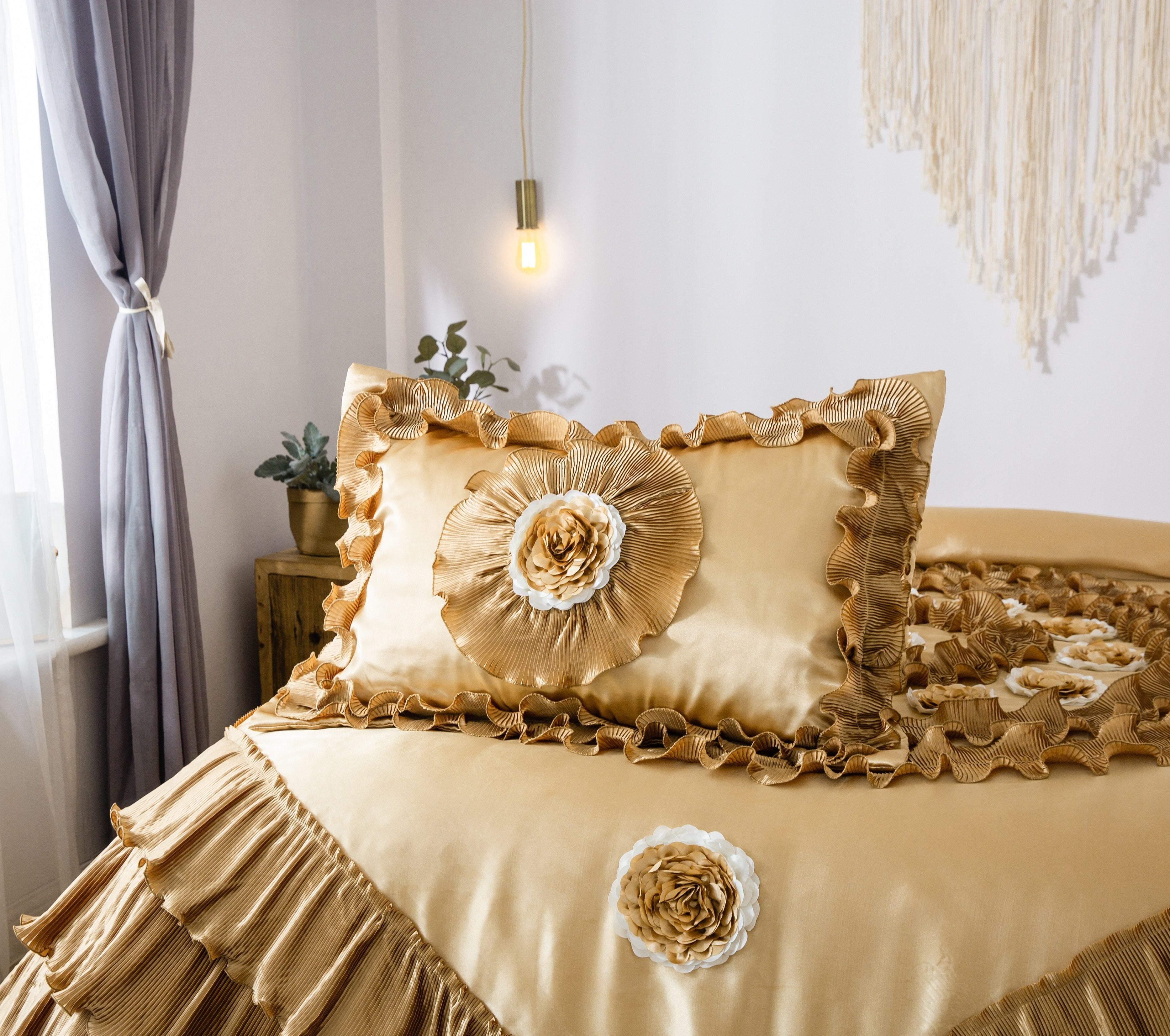 Tache Satin Ruffle Floral Gold Caramel Latte Comforter (BM4578) - Tache Home Fashion