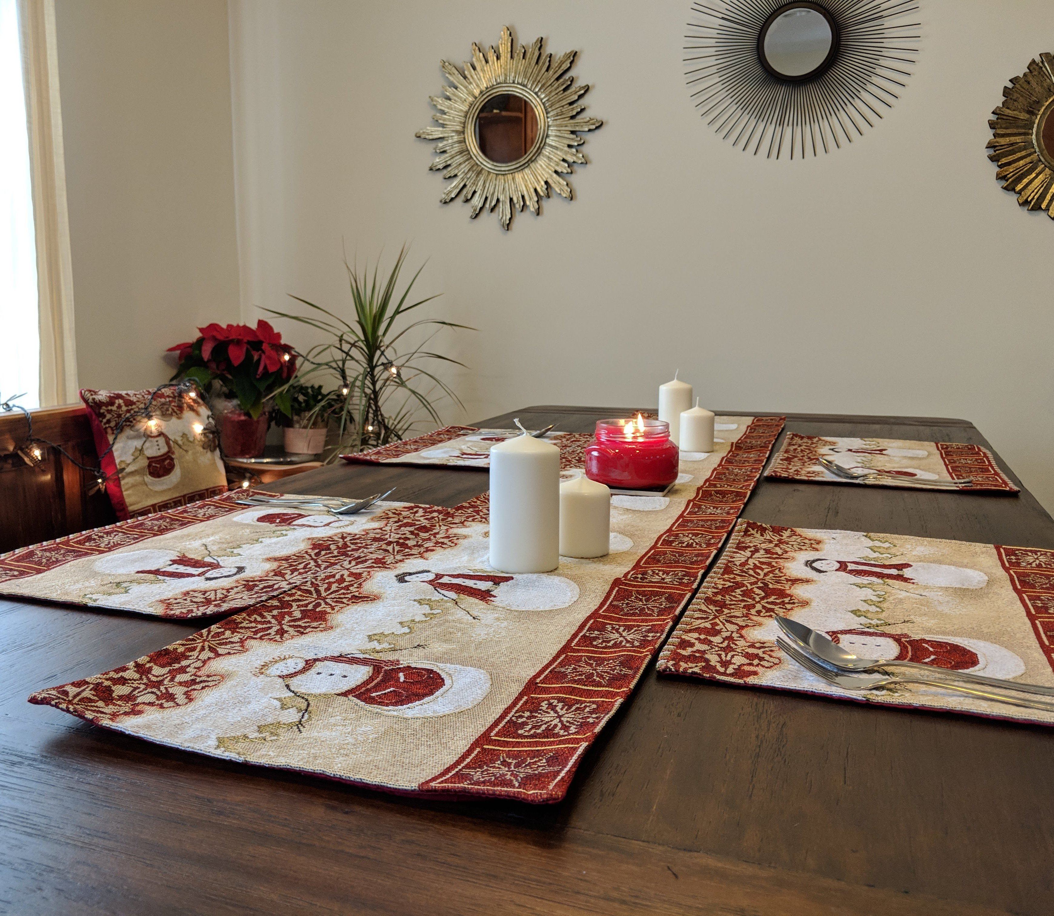 Tache Mr. & Mrs. Snowman Couple Woven Tapestry Table Runners (10323TR) - Tache Home Fashion