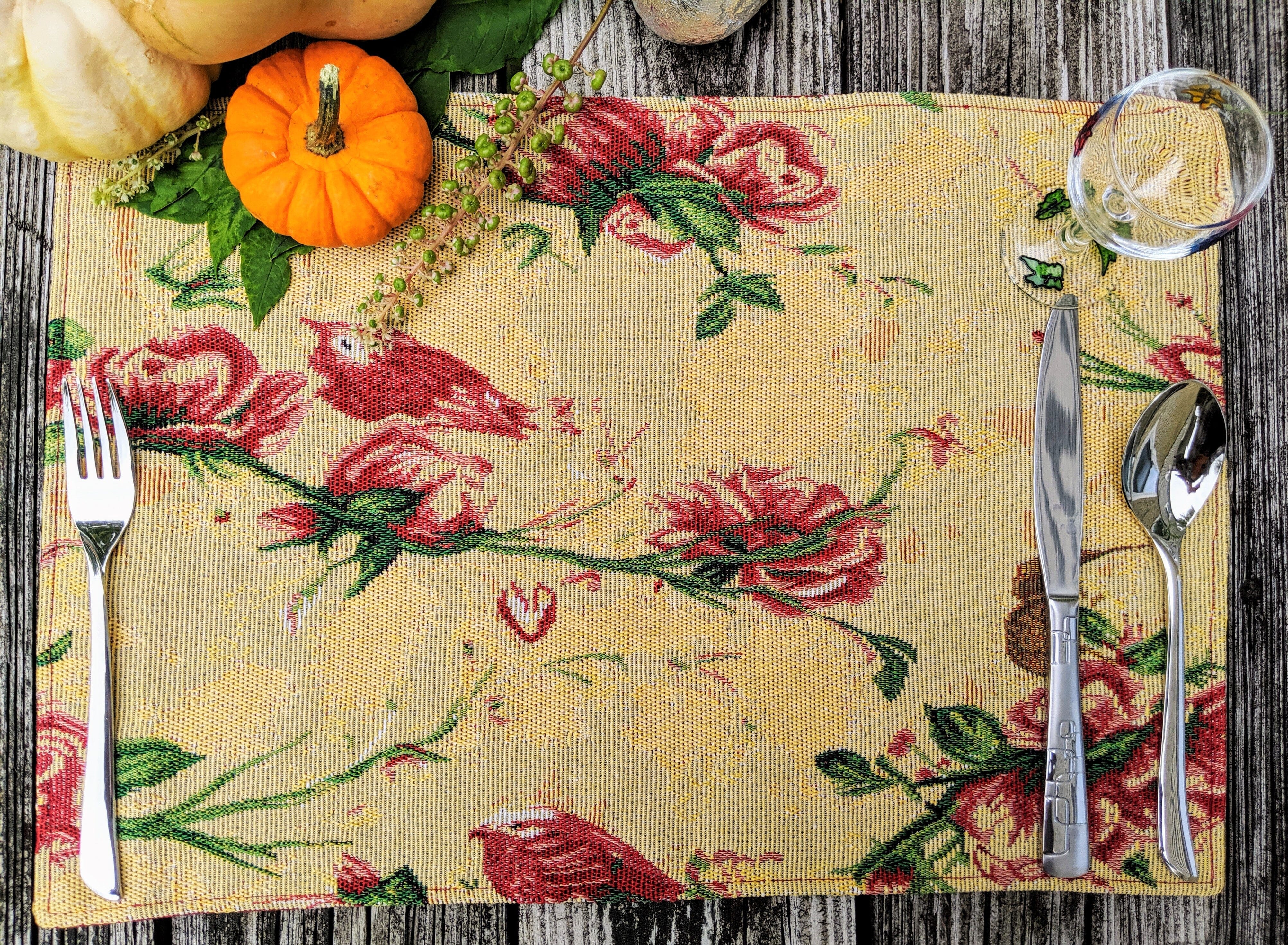 Tache Floral Red Roses Hummingbirds Golden Woven Tapestry Placemat Set (18115) - Tache Home Fashion