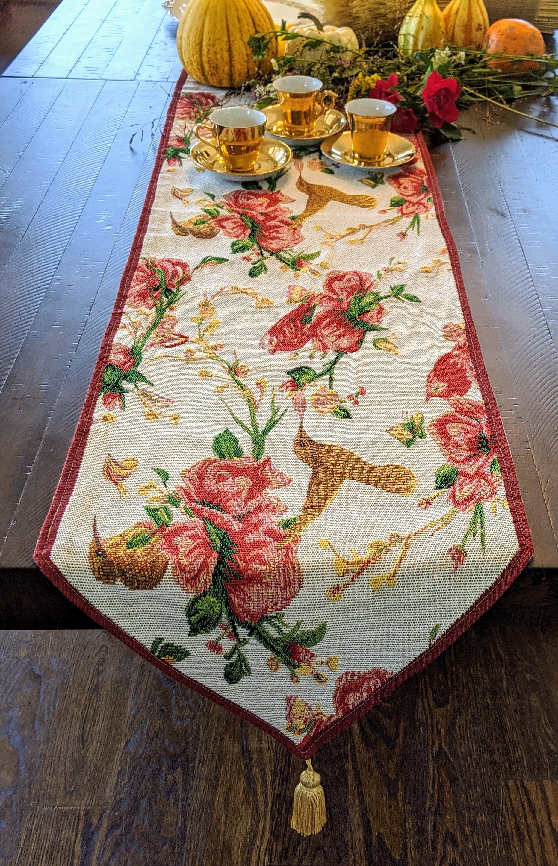 Tache Floral Red Roses Hummingbirds Ivory Woven Tapestry Table Runner (18109) - Tache Home Fashion