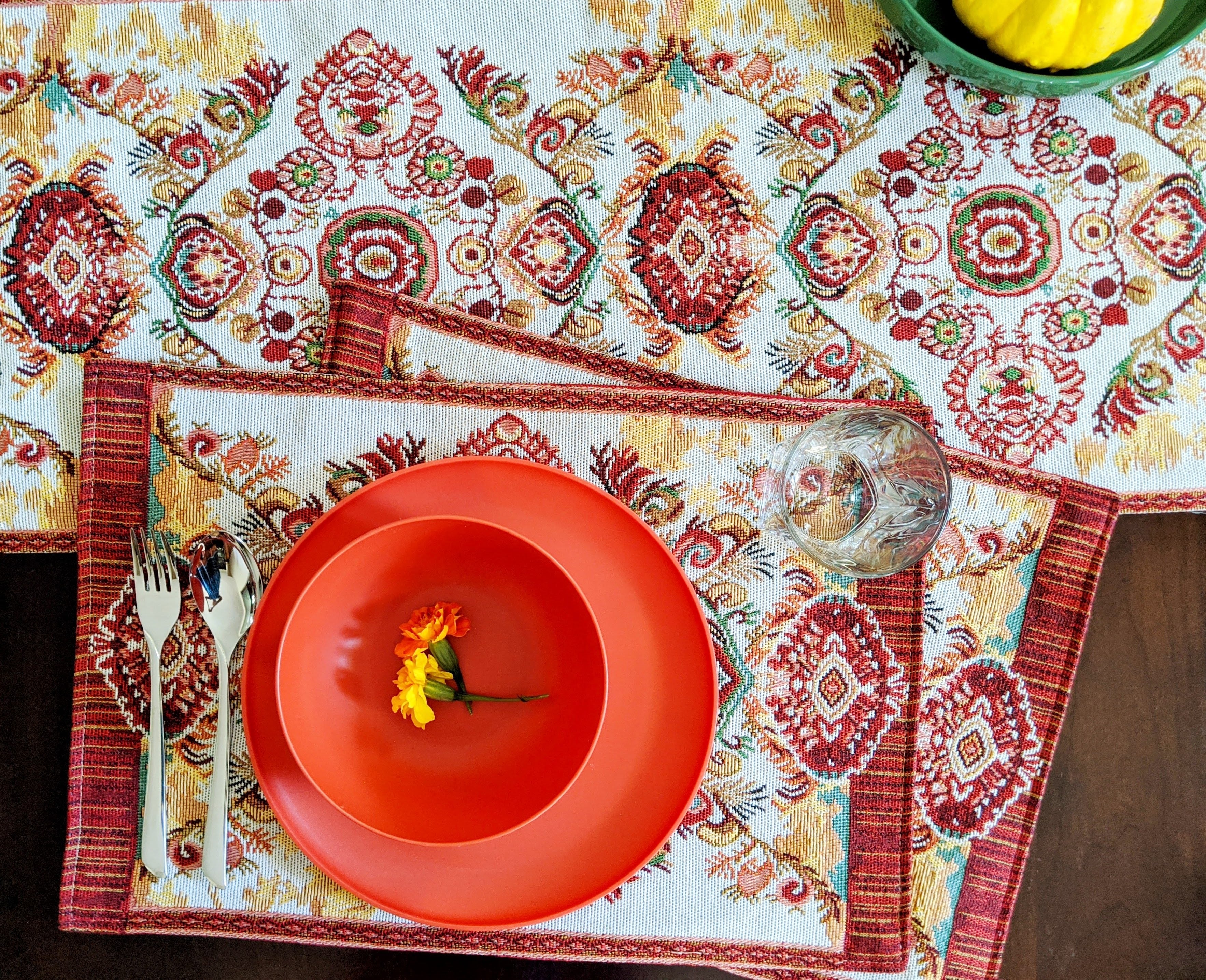 Tache Colorful Boho Elegant Burgundy Red Orange Ornate Paisley Woven Tapestry Table Runner