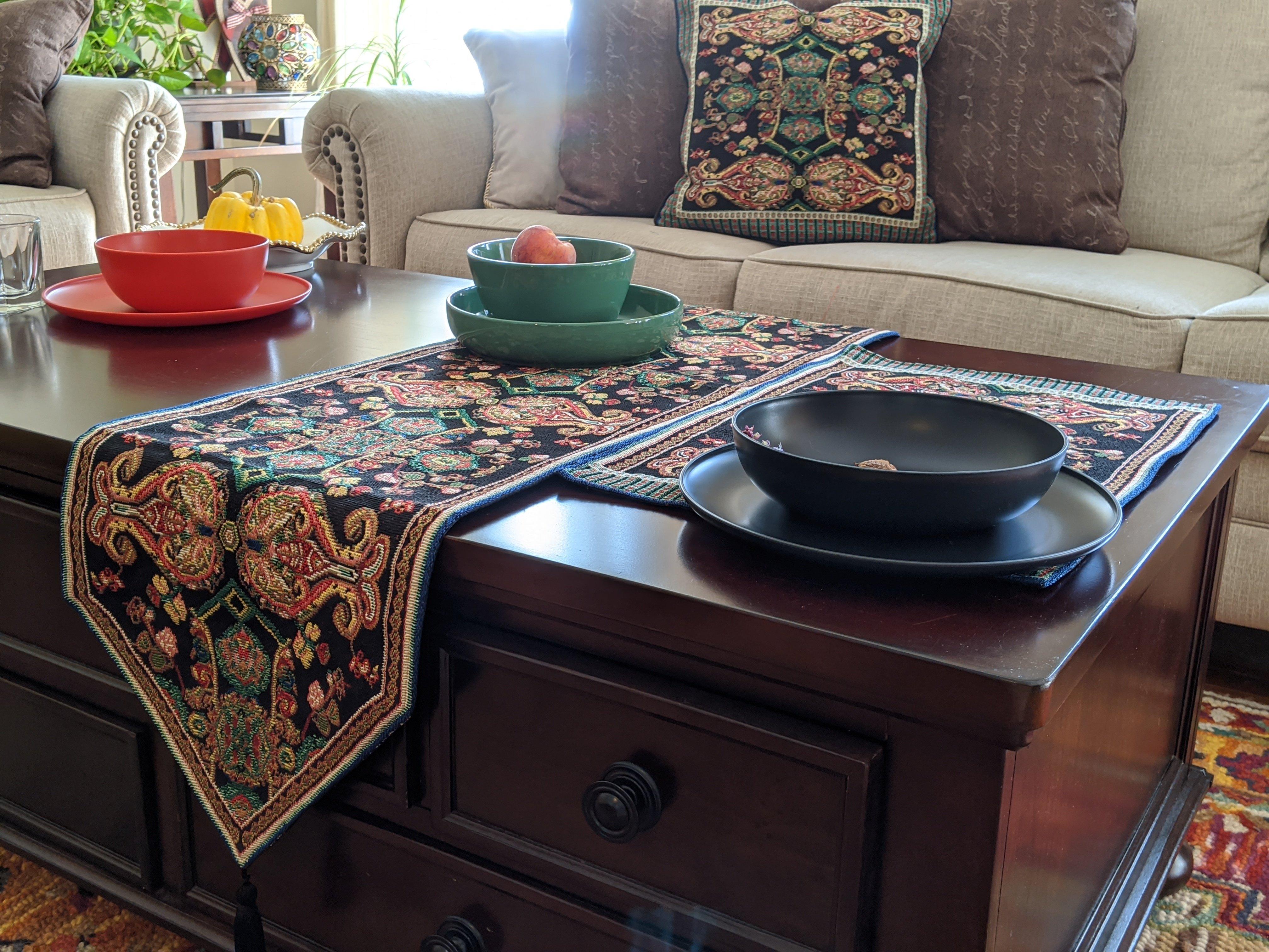 Tache Elegant Black Ornate Paisley Woven Tapestry Table Runner (18192) - Tache Home Fashion