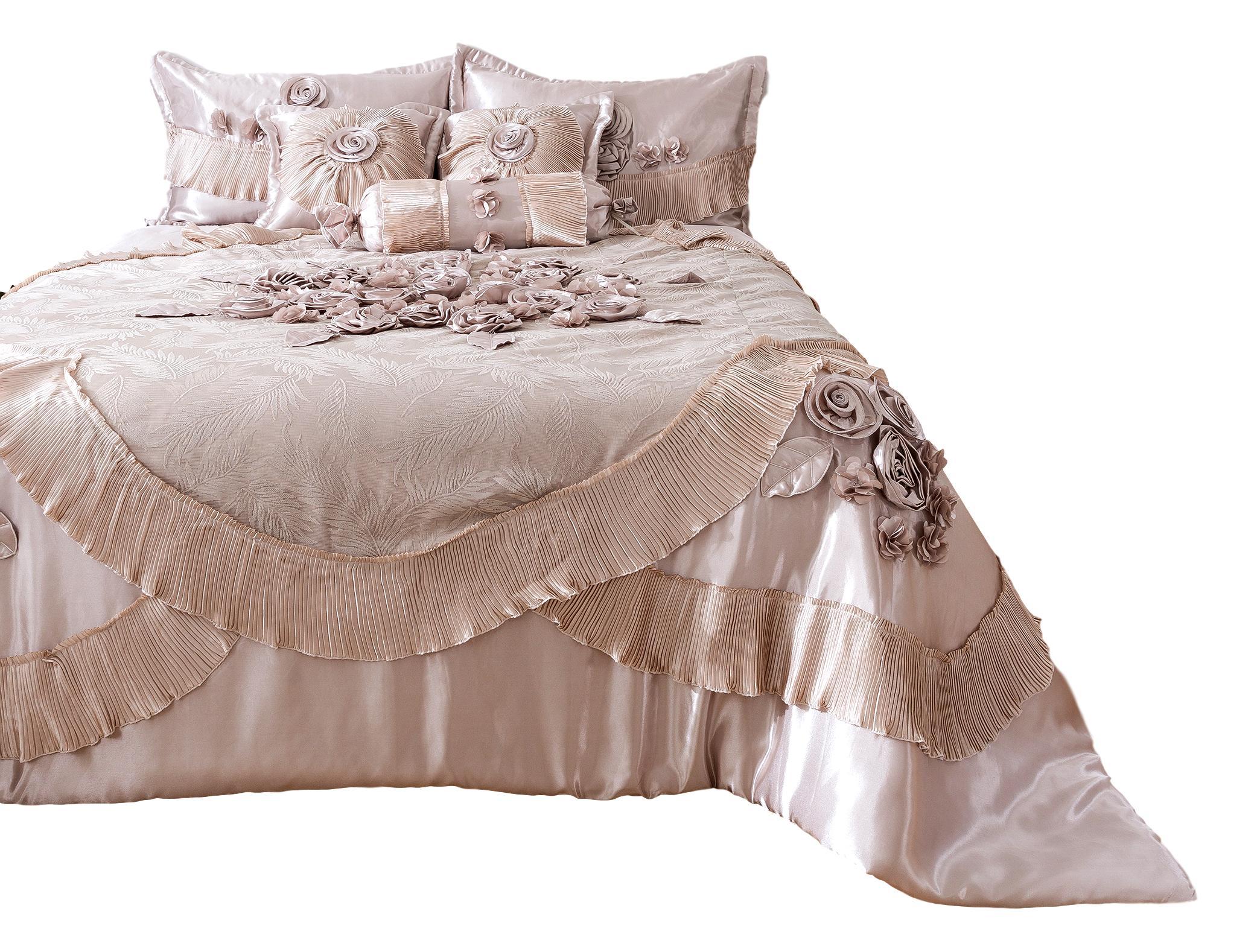Tache Satin Floral Lace Ruffle Crème Beige Sweet Victorian Luxurious Comforter Set (MZ002C) - Tache Home Fashion