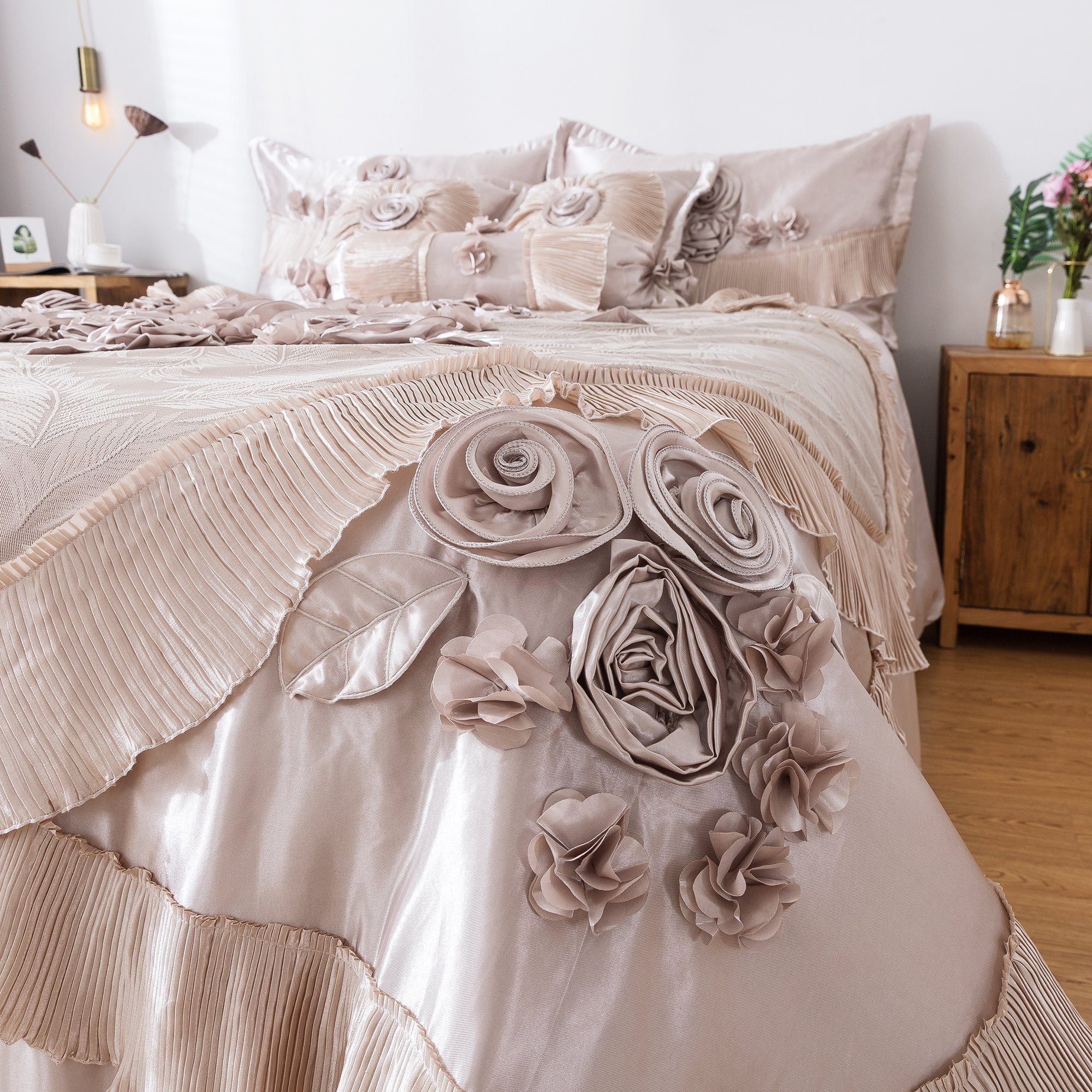 Tache Satin Floral Lace Ruffle Crème Beige Sweet Victorian Luxurious Comforter Set (MZ002C) - Tache Home Fashion