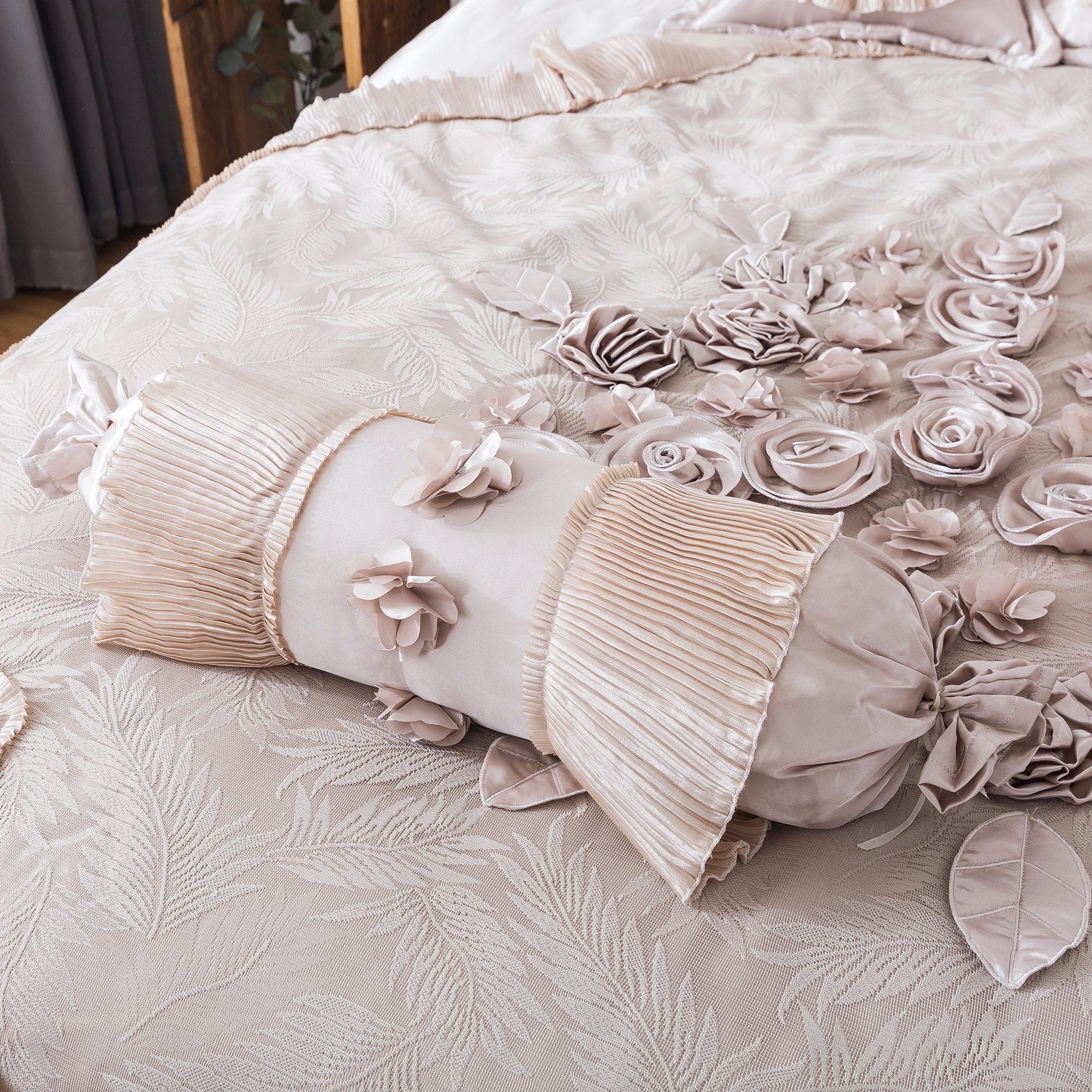 Tache Satin Floral Lace Ruffle Crème Beige Sweet Victorian Luxurious Comforter Set (MZ002C) - Tache Home Fashion