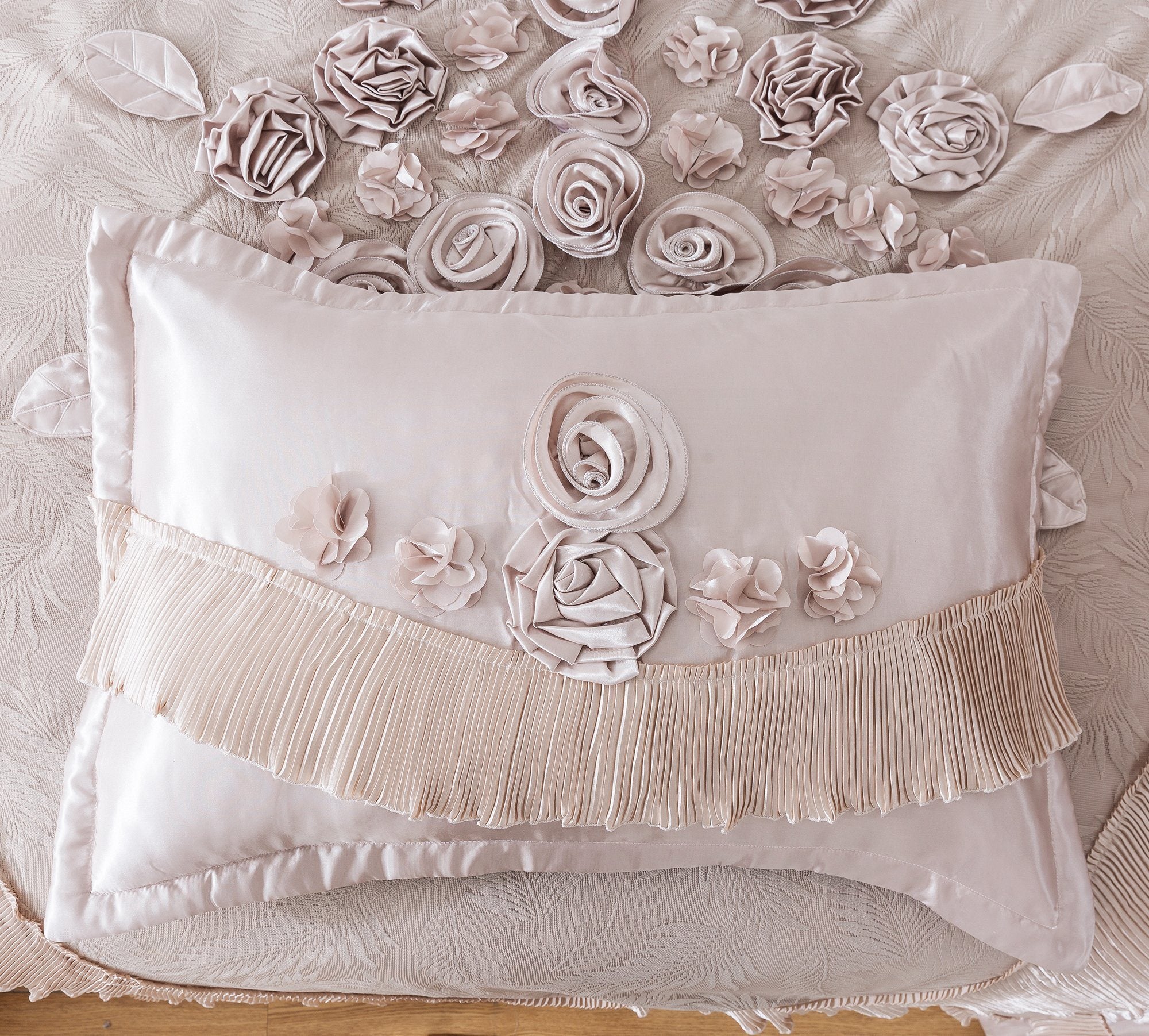 Tache Satin Floral Lace Ruffle Crème Beige Sweet Victorian Luxurious Comforter Set (MZ002C) - Tache Home Fashion