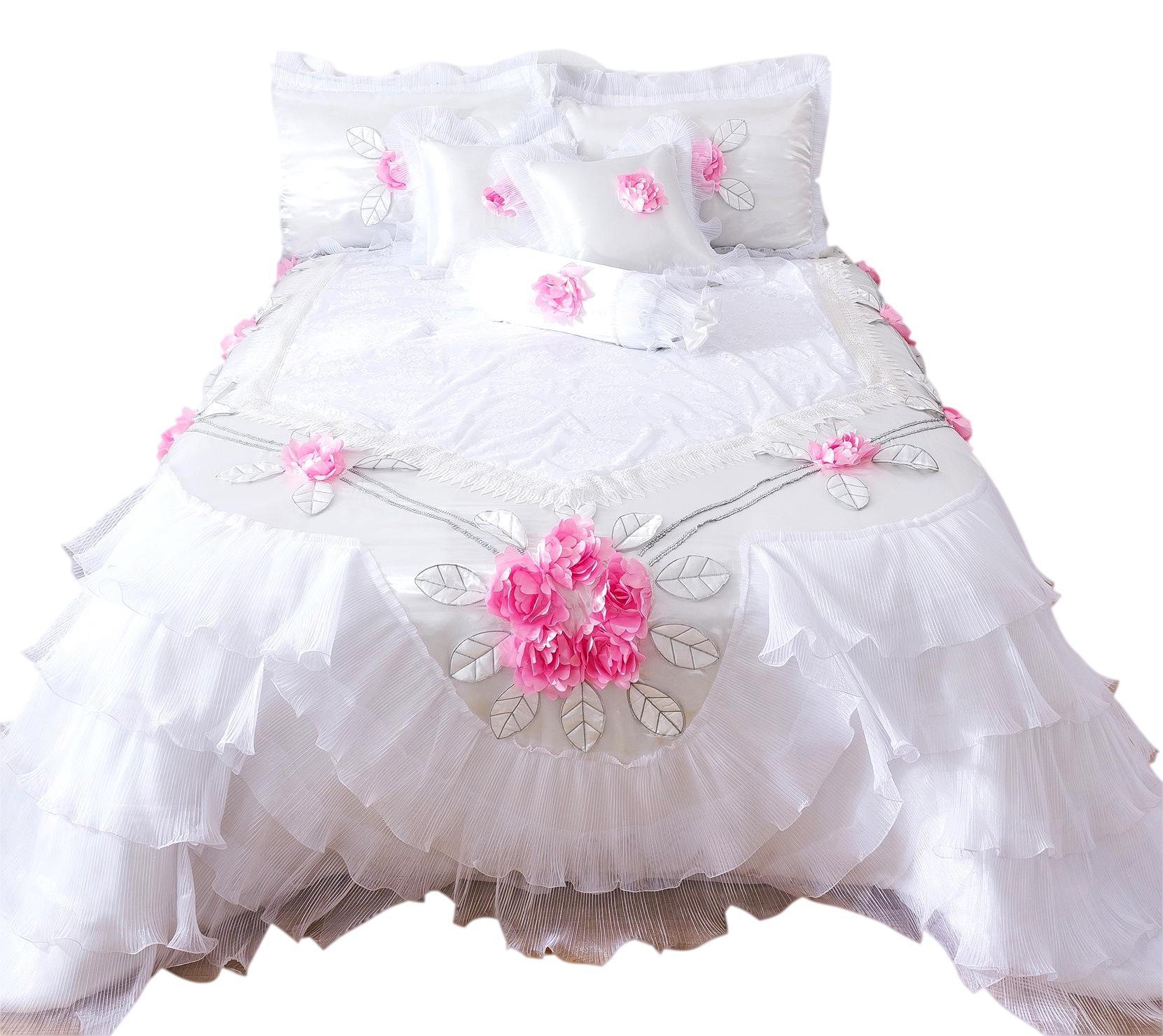 Tache Ruffle Floral Lace Satin White Pink Luxury Delicate Rose Comforter Set (MA125)