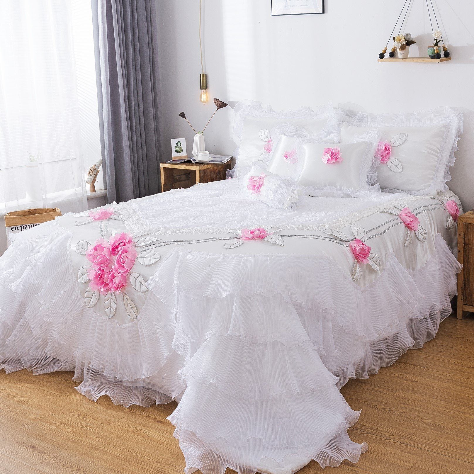 Tache Ruffle Floral Lace Satin White Pink Luxury Delicate Rose Comforter Set (MA125) - Tache Home Fashion