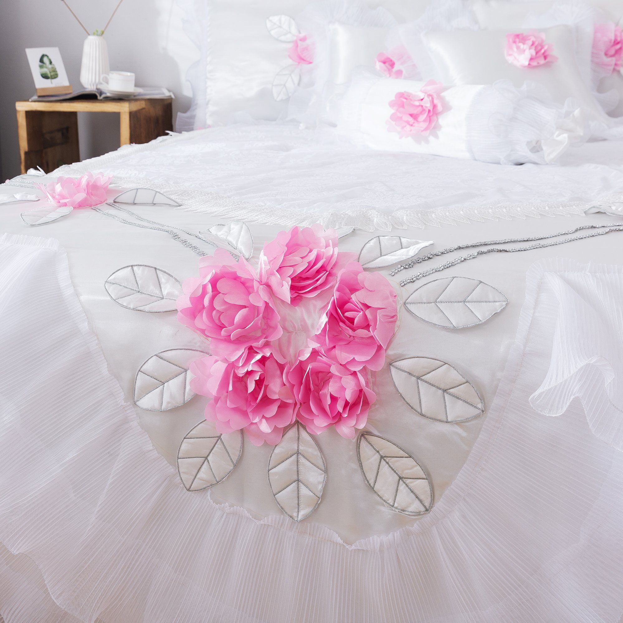 Tache Ruffle Floral Lace Satin White Pink Luxury Delicate Rose Comforter Set (MA125) - Tache Home Fashion