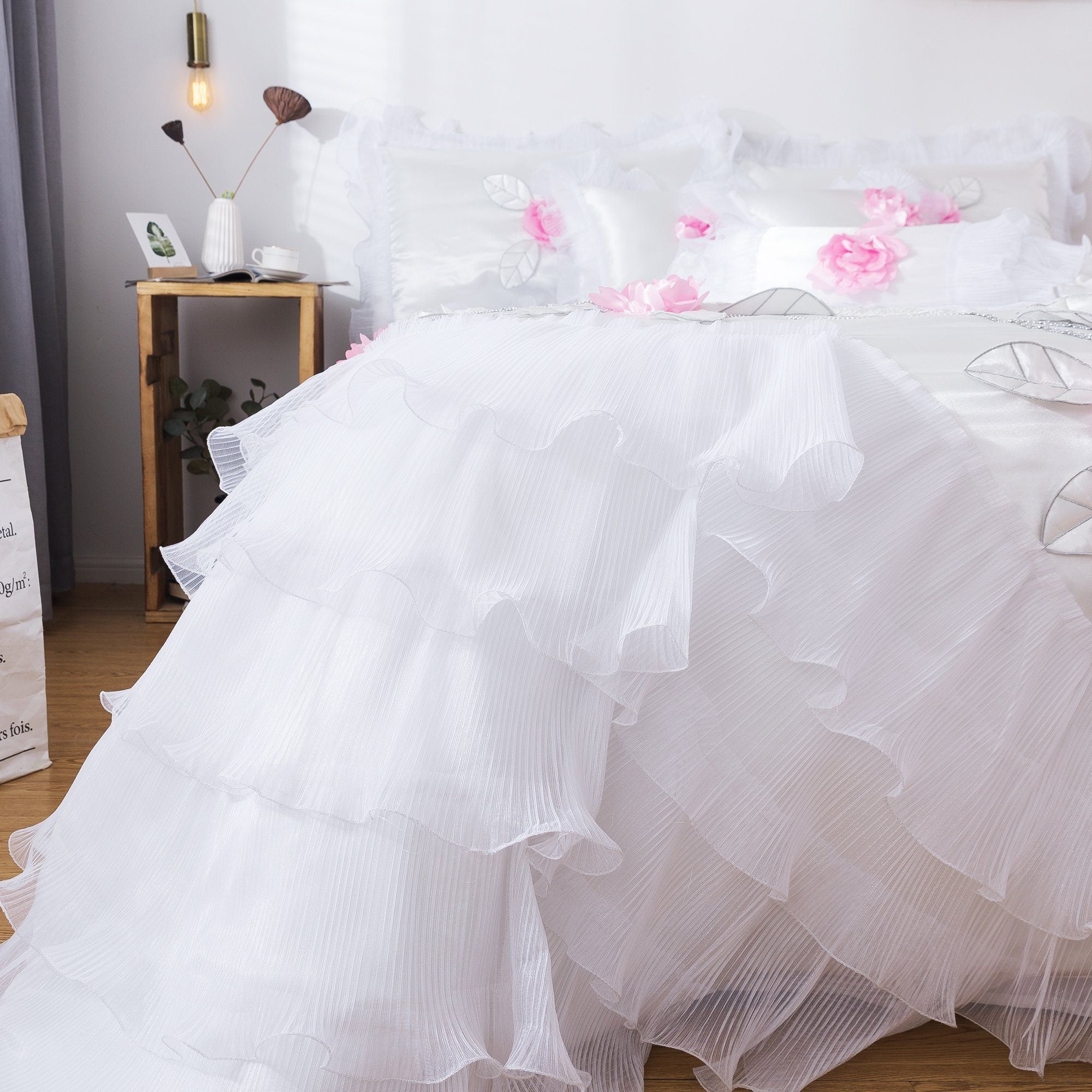 Tache Ruffle Floral Lace Satin White Pink Luxury Delicate Rose Comforter Set (MA125) - Tache Home Fashion