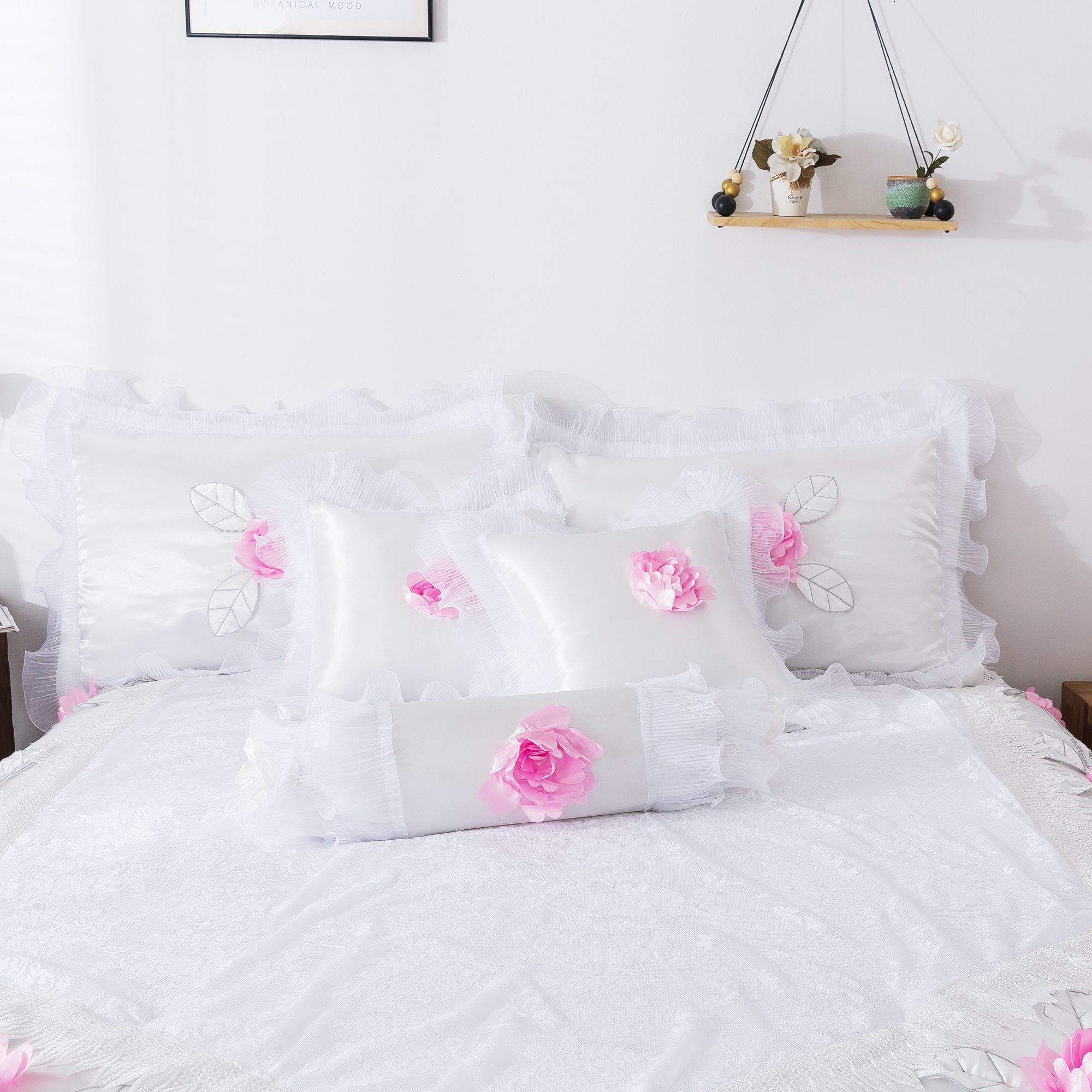 Tache Ruffle Floral Lace Satin White Pink Luxury Delicate Rose Comforter Set (MA125) - Tache Home Fashion