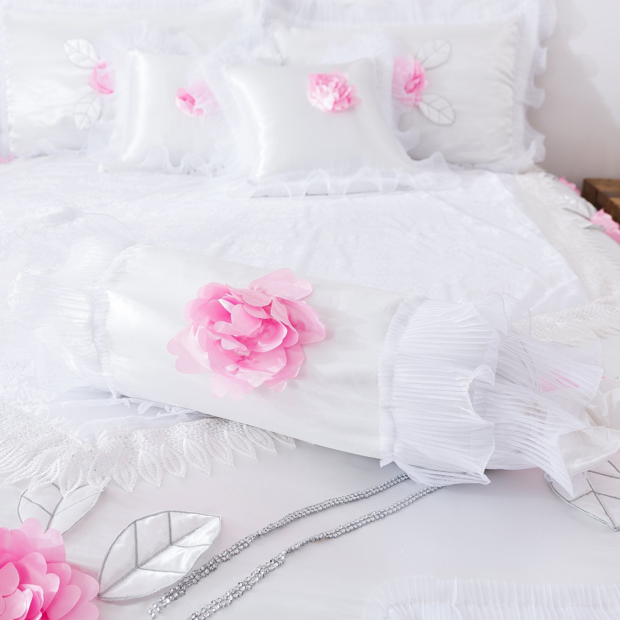 Tache Ruffle Floral Lace Satin White Pink Luxury Delicate Rose Comforter Set (MA125) - Tache Home Fashion