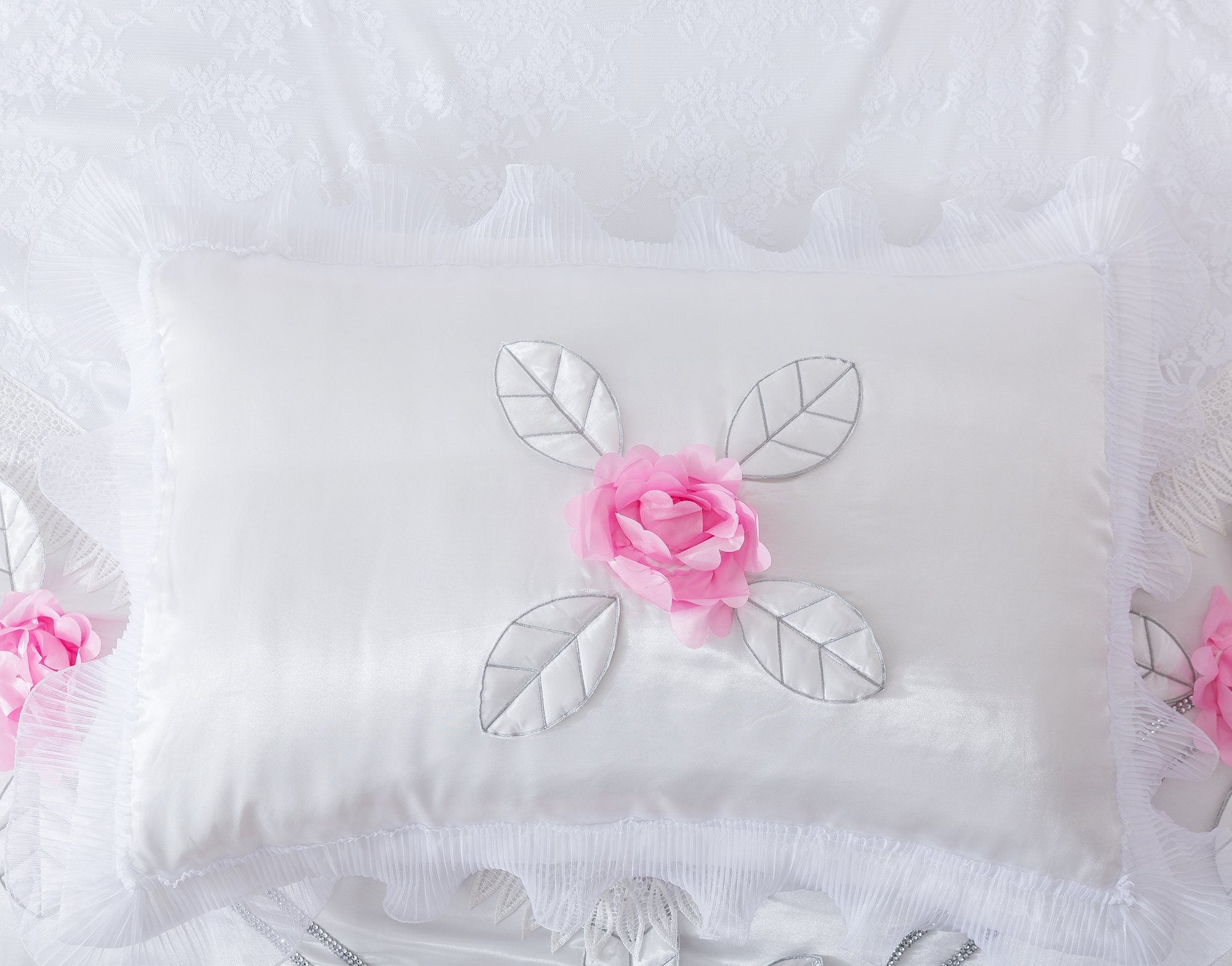 Tache Ruffle Floral Lace Satin White Pink Luxury Delicate Rose Comforter Set (MA125) - Tache Home Fashion