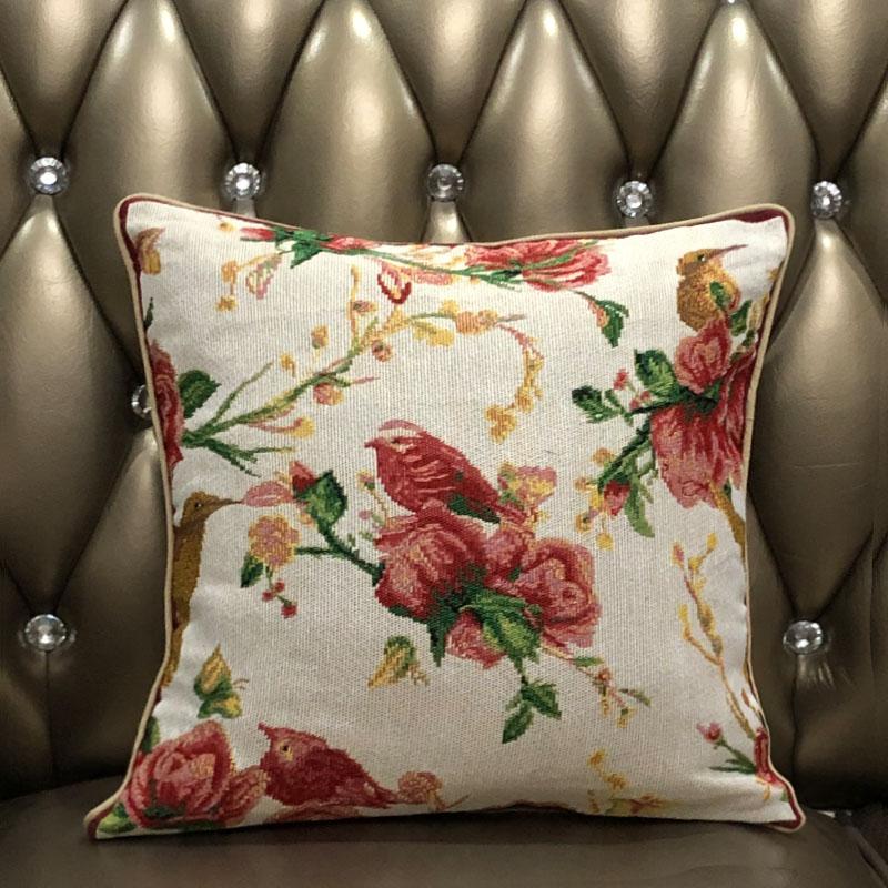 Tache Floral Red Roses Hummingbirds Ivory Woven Tapestry Throw Pillow Cover (18109) - Tache Home Fashion