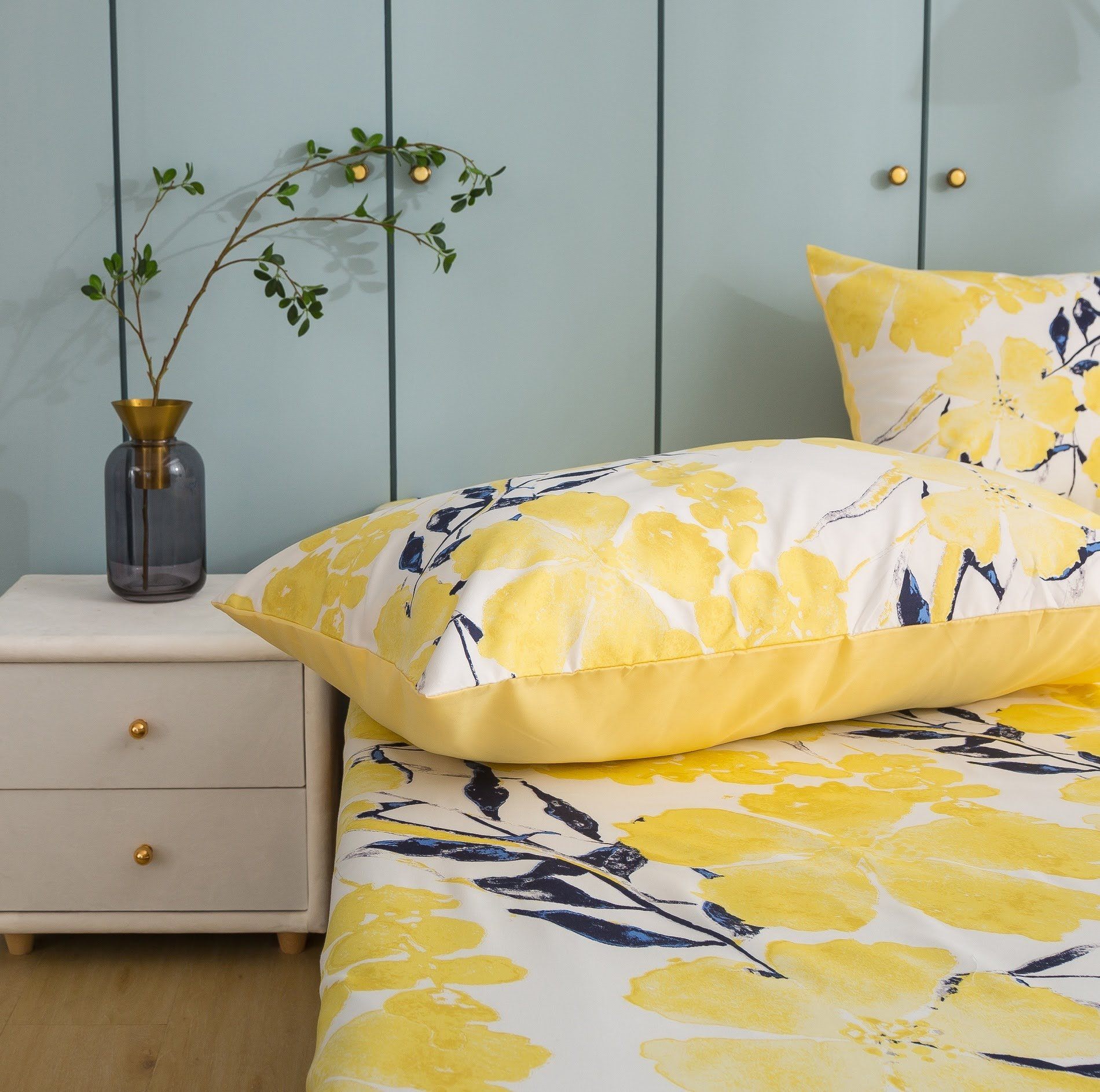 Tache Microfiber Watercolor Tropical Floral Yellow Blue Flat Bed Sheet (JHW-841) - Tache Home Fashion