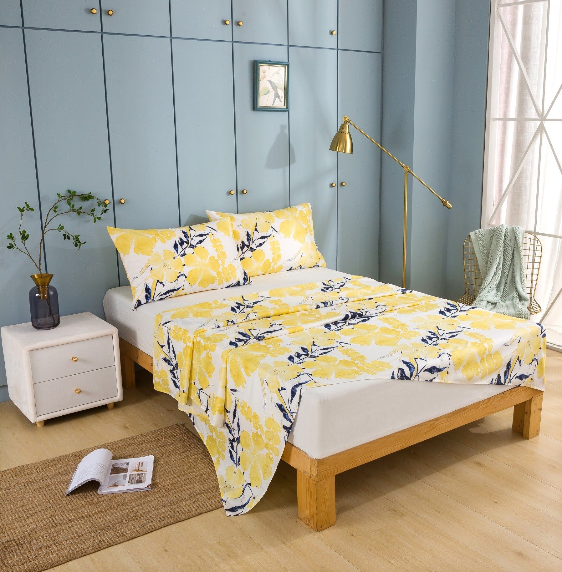 Tache Microfiber Watercolor Tropical Floral Yellow Blue Flat Bed Sheet (JHW-841) - Tache Home Fashion