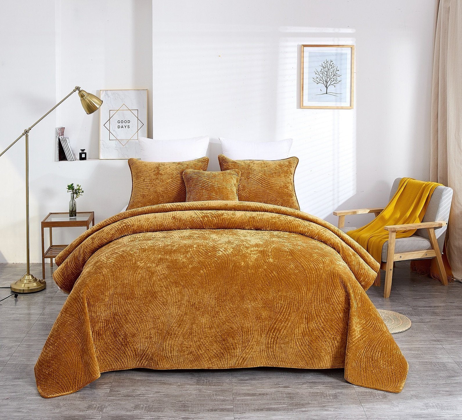 Tache Plush Dreams Melted Gold Waves Velvet Quilt Set (JHW-852Y) - Tache Home Fashion