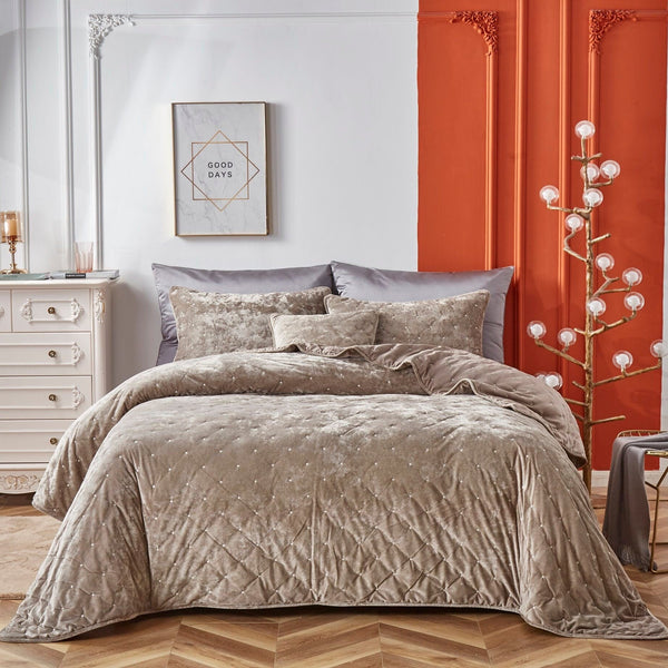 Tache Plush Dreams Sand Taupe Beige Tufted Velvet Quilt Set