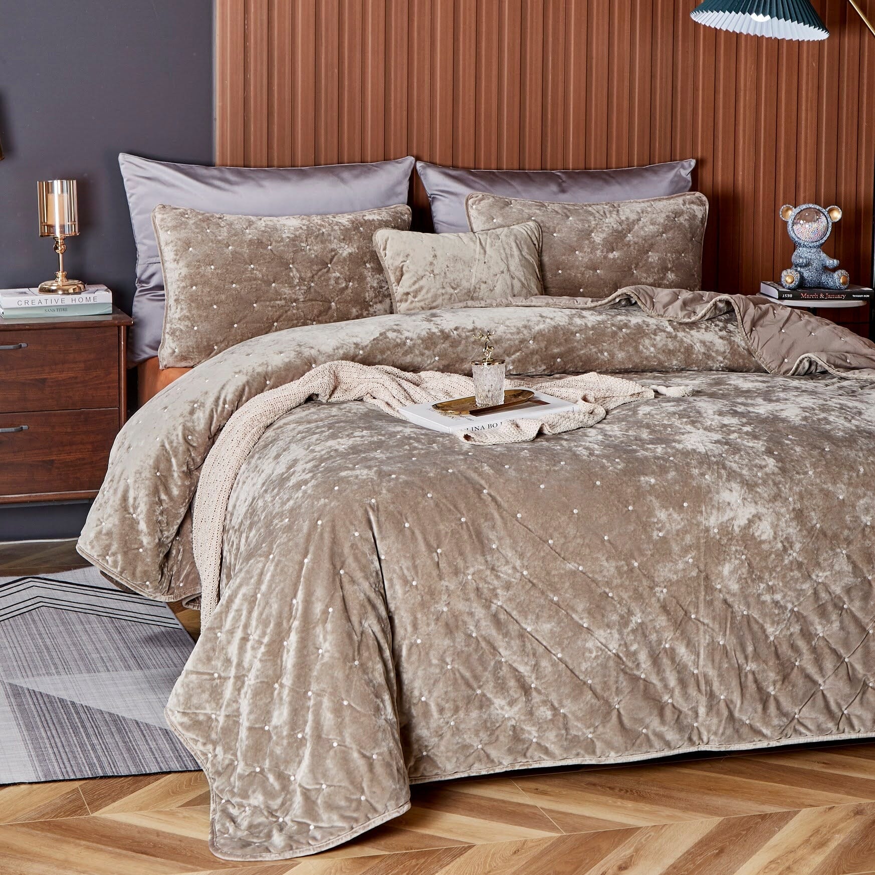 Tache Plush Dreams Sand Taupe Beige Tufted Velvet Quilt Set (JHW-853B) - Tache Home Fashion