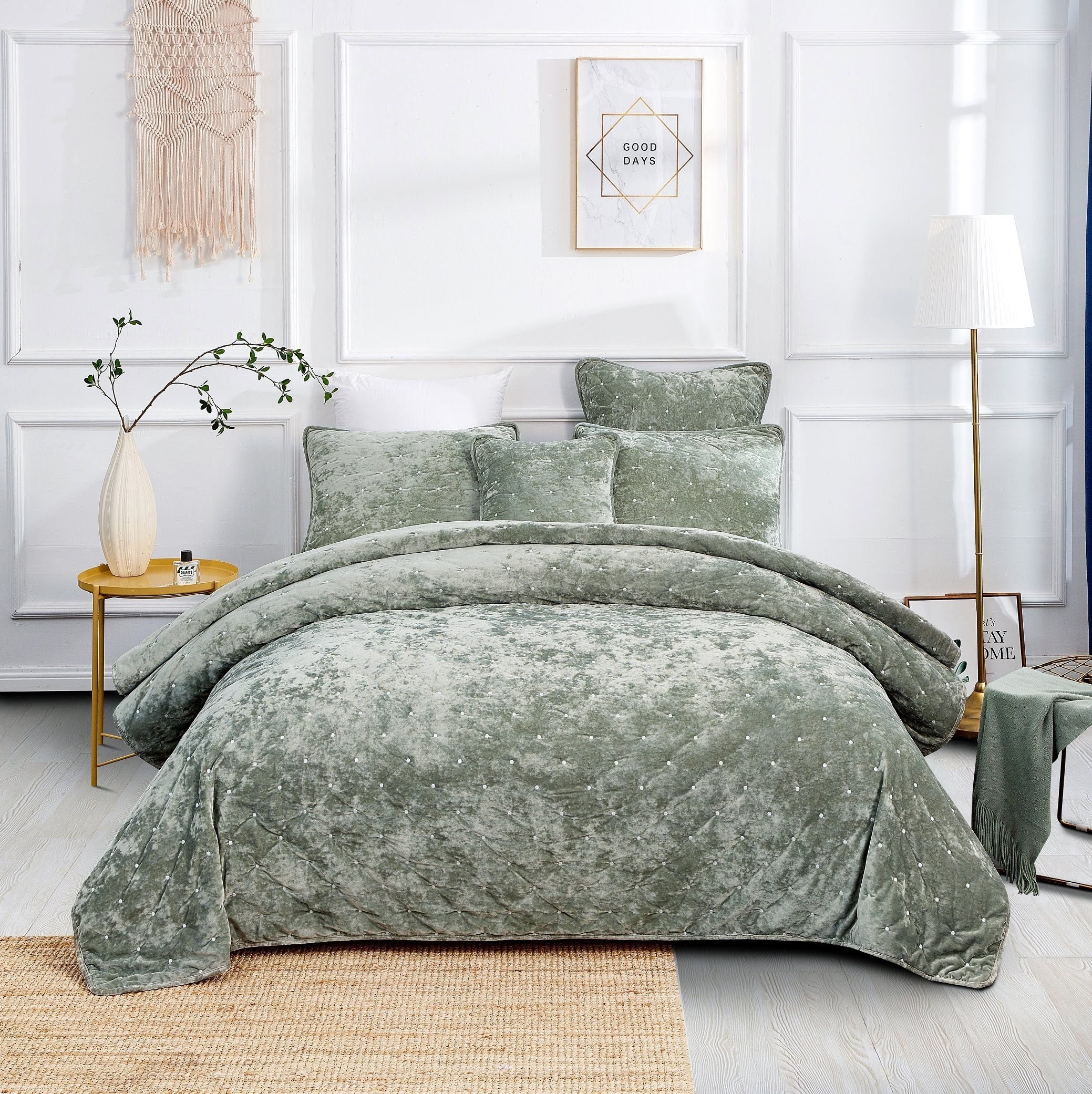 Tache Plush Dreams Light Sage Green Tufted Velvet Quilt Set (JHW-853G) - Tache Home Fashion