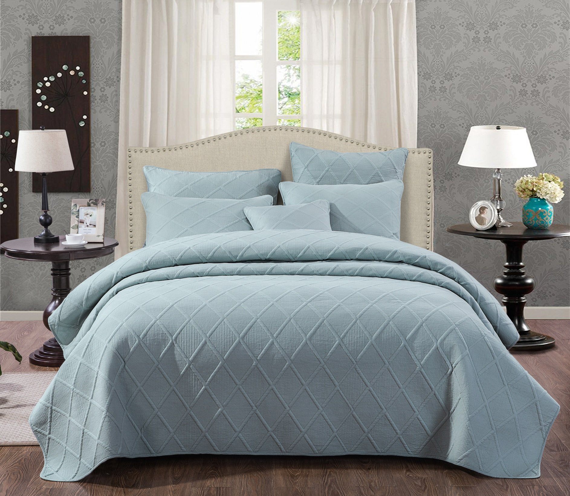 Tache Soothing Pastel Seafoam Blue Diamond Stitch Cotton Quilt Set (JHW-856) - Tache Home Fashion