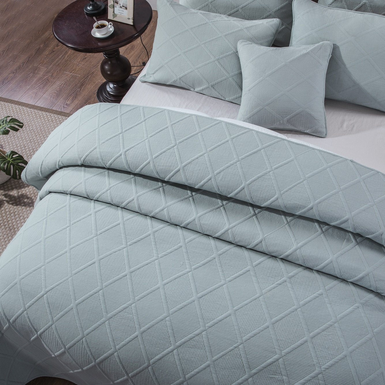 Tache Soothing Pastel Seafoam Blue Diamond Stitch Cotton Quilt Set (JHW-856) - Tache Home Fashion