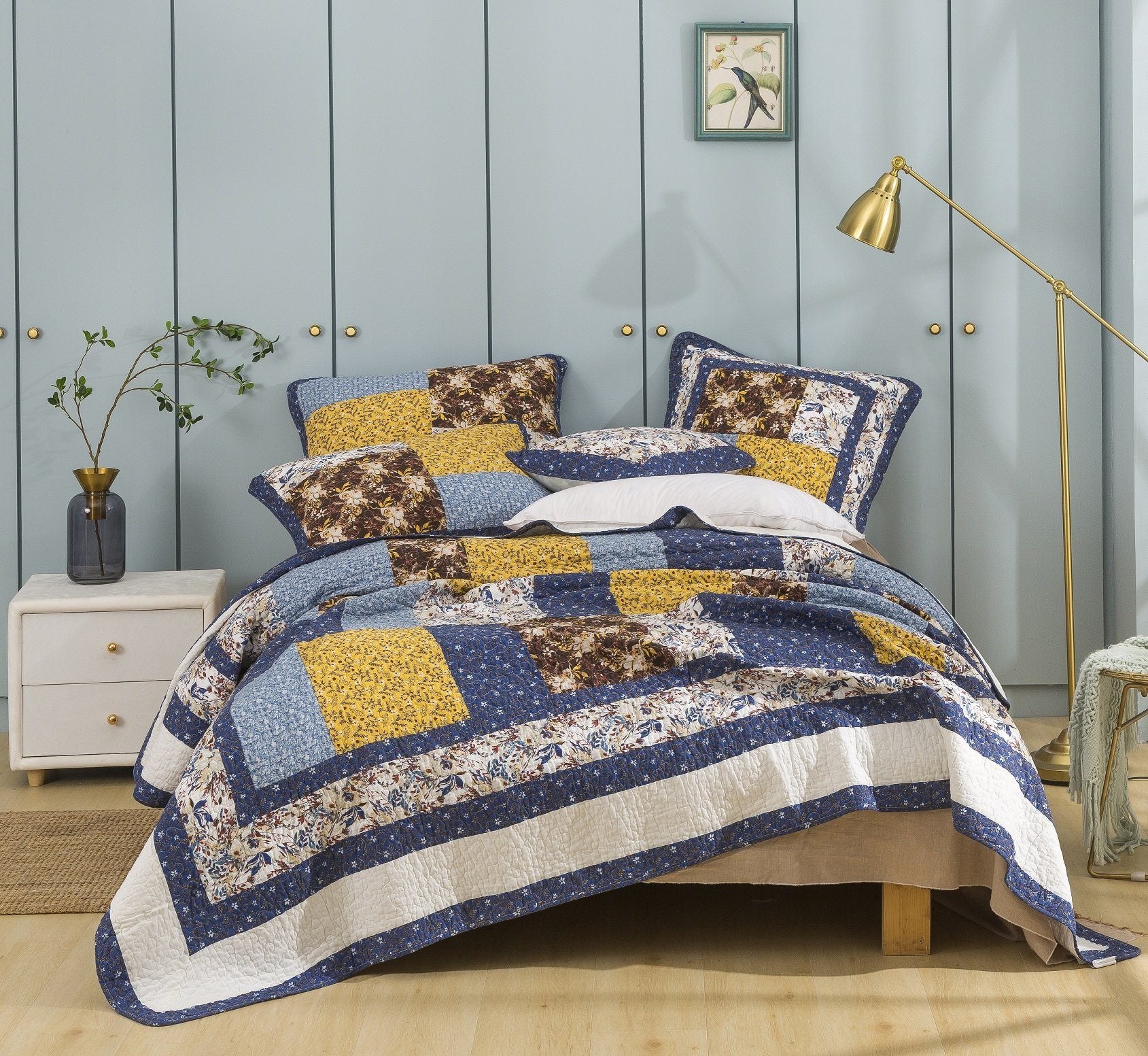 Tache Prairie Sunset White Blue Yellow Brown Floral Cotton Patchwork Quilt Set (JHW-887) - Tache Home Fashion