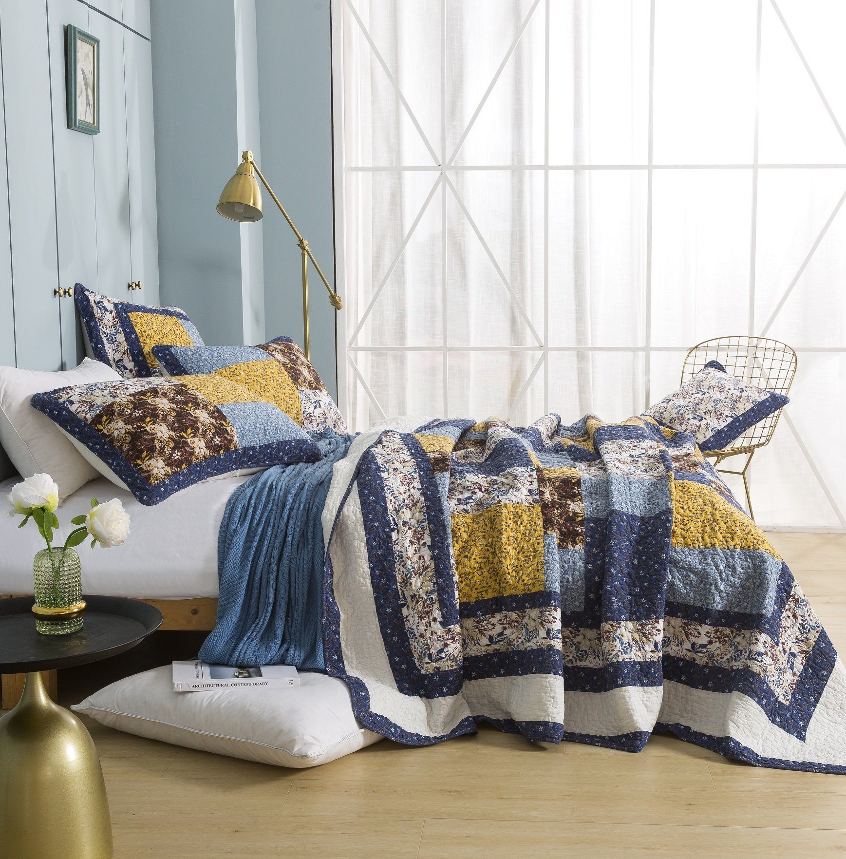 Tache Home Fashion Cottage Floral Blue Patchwork Quilt Set – 100% Cotton, Vintage Farmhouse Style, Machine Washable