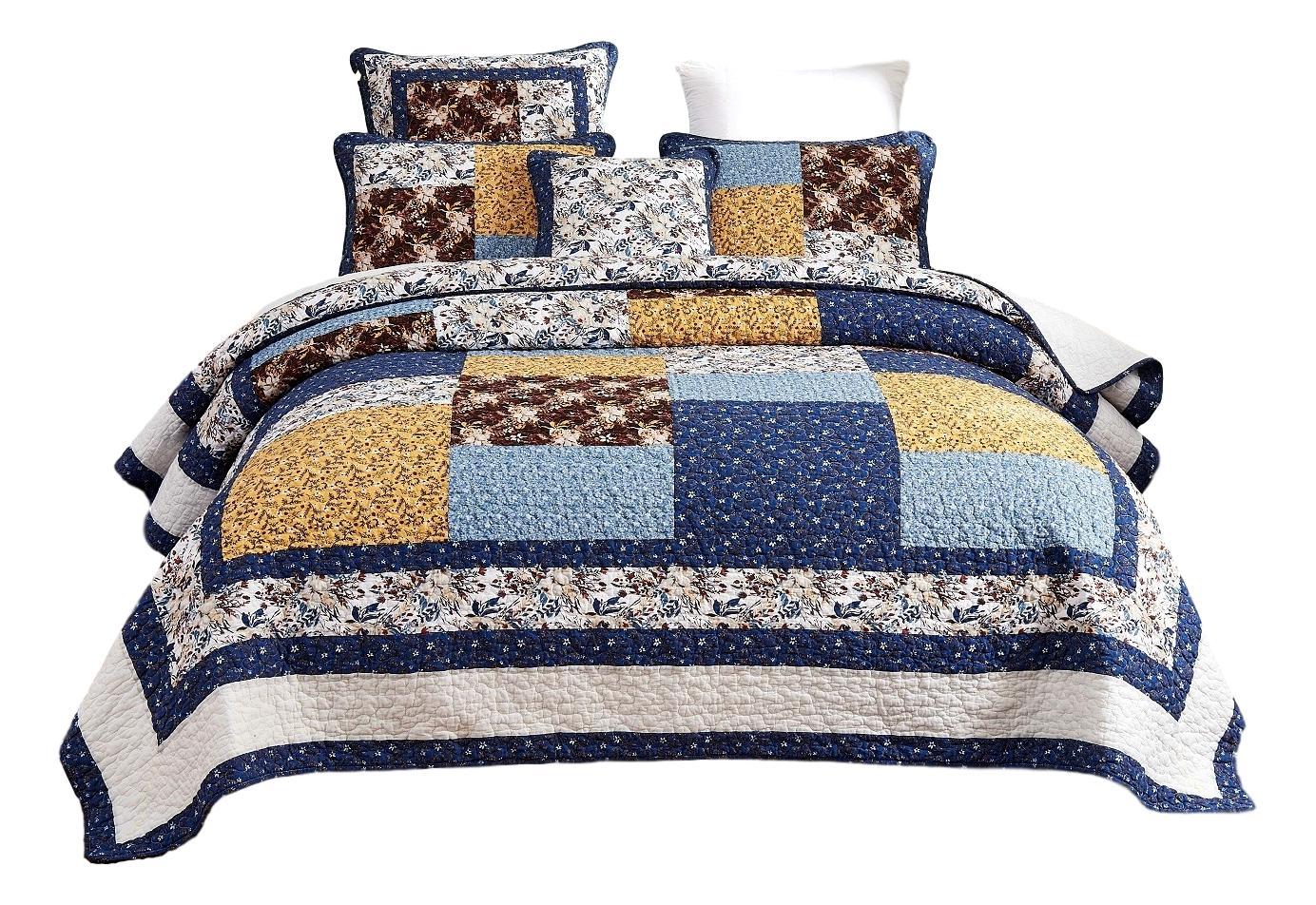 Tache Prairie Sunset White Blue Yellow Brown Floral Cotton Patchwork Quilt Set (JHW-887) - Tache Home Fashion