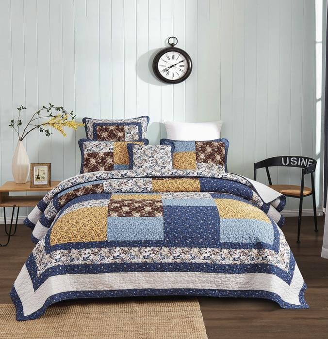 Tache Prairie Sunset White Blue Yellow Brown Floral Cotton Patchwork Quilt Set (JHW-887) - Tache Home Fashion