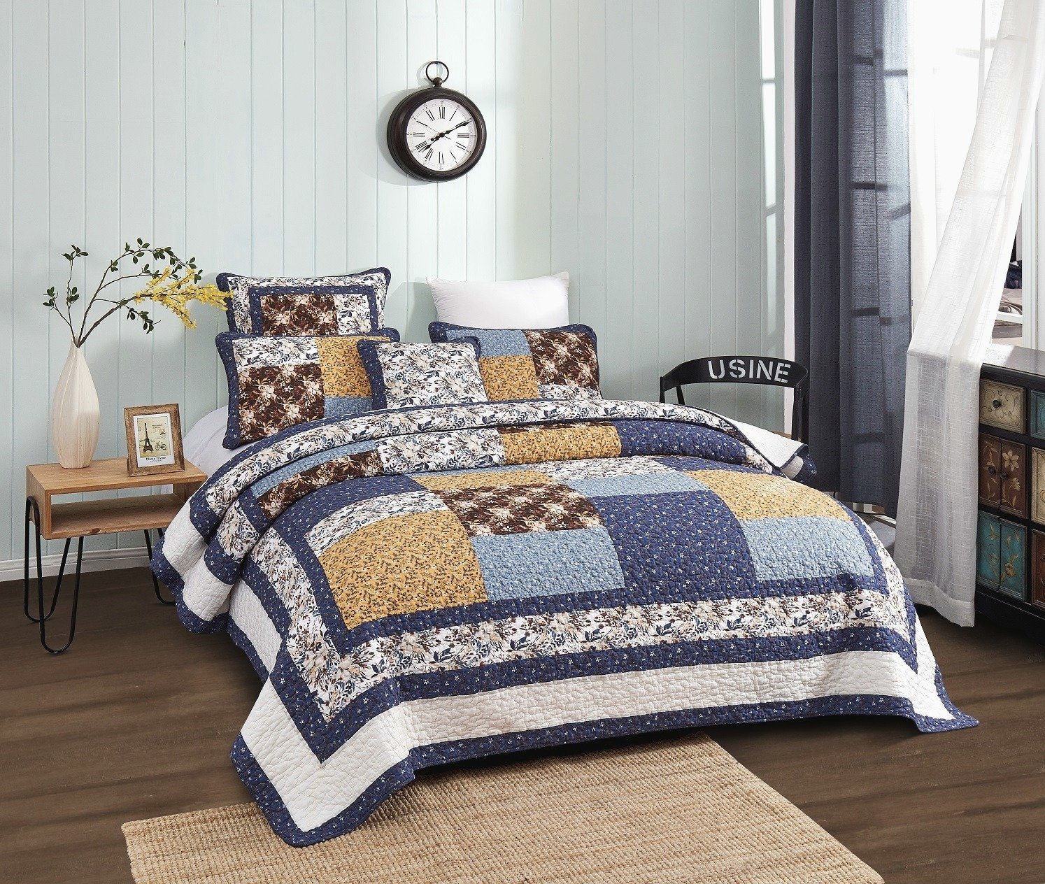 Tache Prairie Sunset White Blue Yellow Brown Floral Cotton Patchwork Quilt Set (JHW-887) - Tache Home Fashion