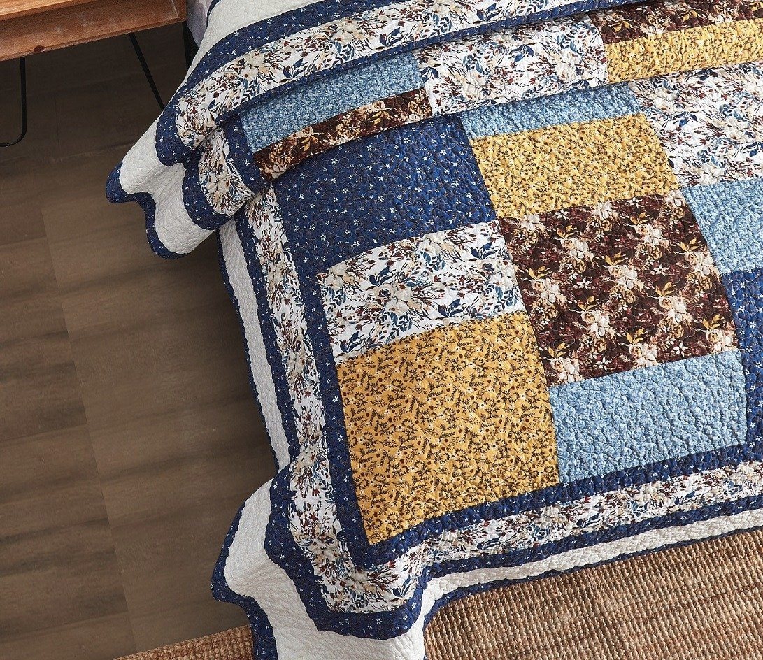 Tache Prairie Sunset White Blue Yellow Brown Floral Cotton Patchwork Quilt Set (JHW-887) - Tache Home Fashion