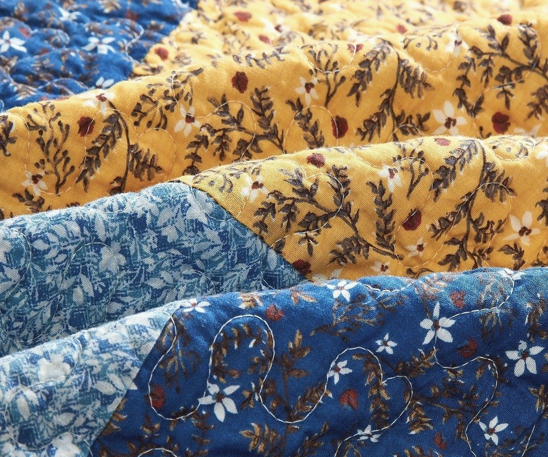 Tache Cotton Patchwork White Blue Yellow Brown Floral Prairie Sunset Quilt (JHW-887) - Tache Home Fashion