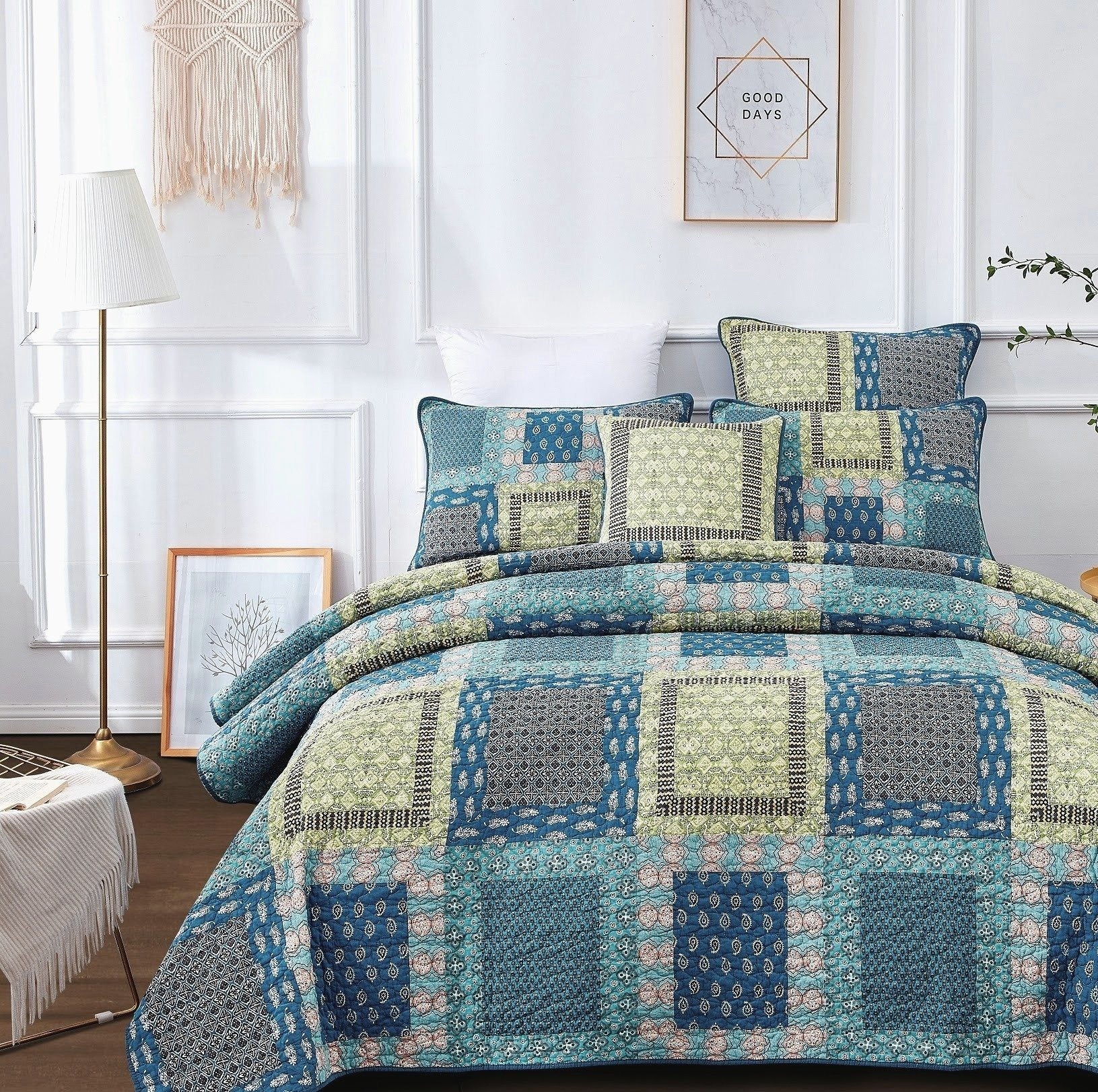 Tache Bohemian Ocean Teal Blue Green Paisley Mediterranean Cotton Patchwork Quilt Set (JHW-888) - Tache Home Fashion