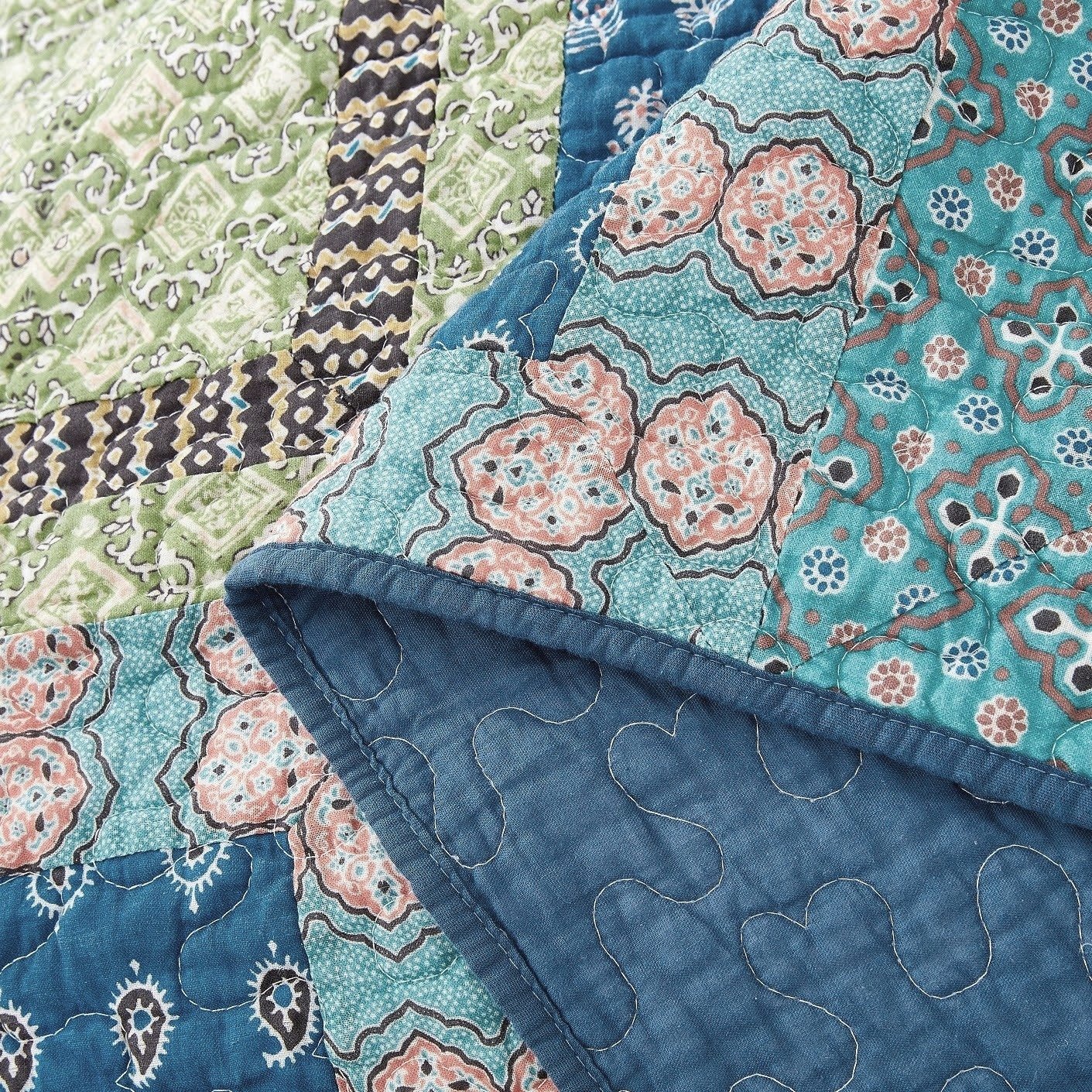Tache Bohemian Ocean Teal Blue Green Paisley Mediterranean Cotton Patchwork Quilt Set (JHW-888) - Tache Home Fashion