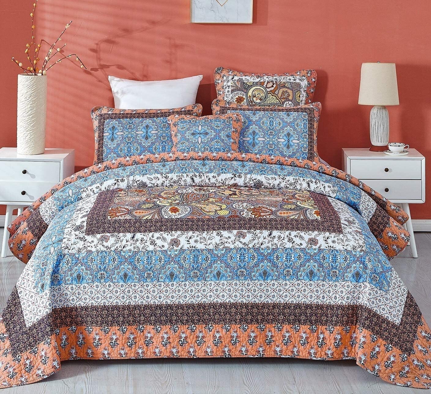 Tache Mosaic Paradise Paisley Floral Blue Orange Bohemian Cotton Patchwork Quilt Set (JHW-933) - Tache Home Fashion