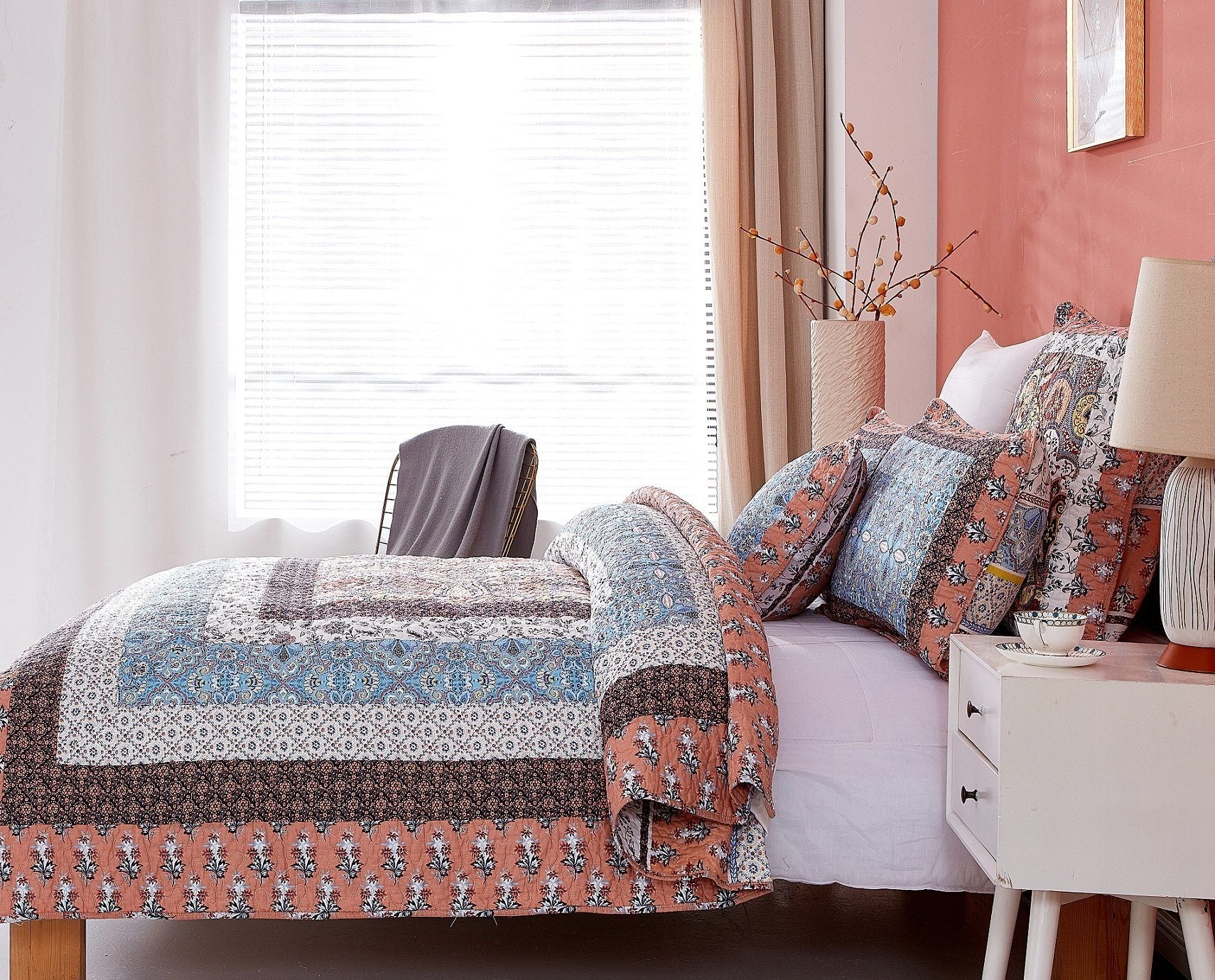 Tache Mosaic Paradise Paisley Floral Blue Orange Bohemian Cotton Patchwork Quilt Set (JHW-933) - Tache Home Fashion