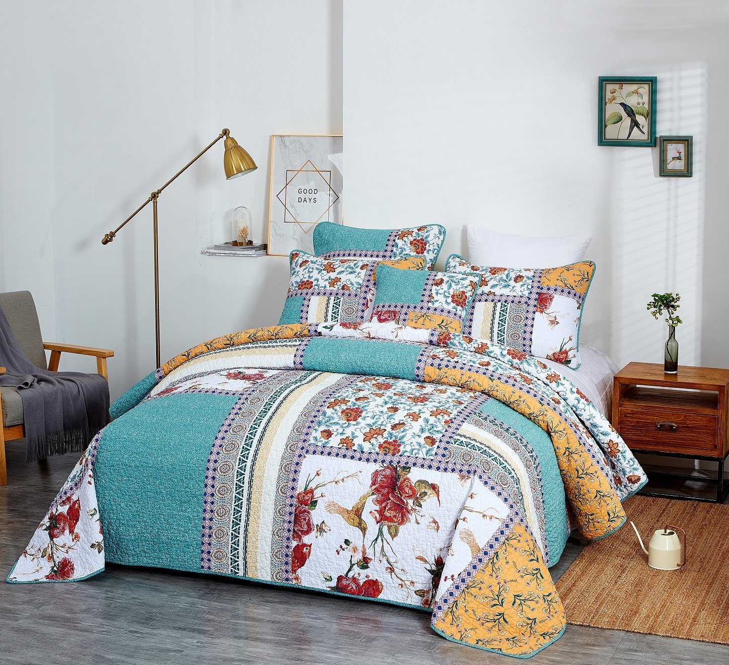 Tache Old World Garden Pastel Blue Yellow Red Hummingbirds Cotton Patchwork Quilt Set (JHW-936) - Tache Home Fashion