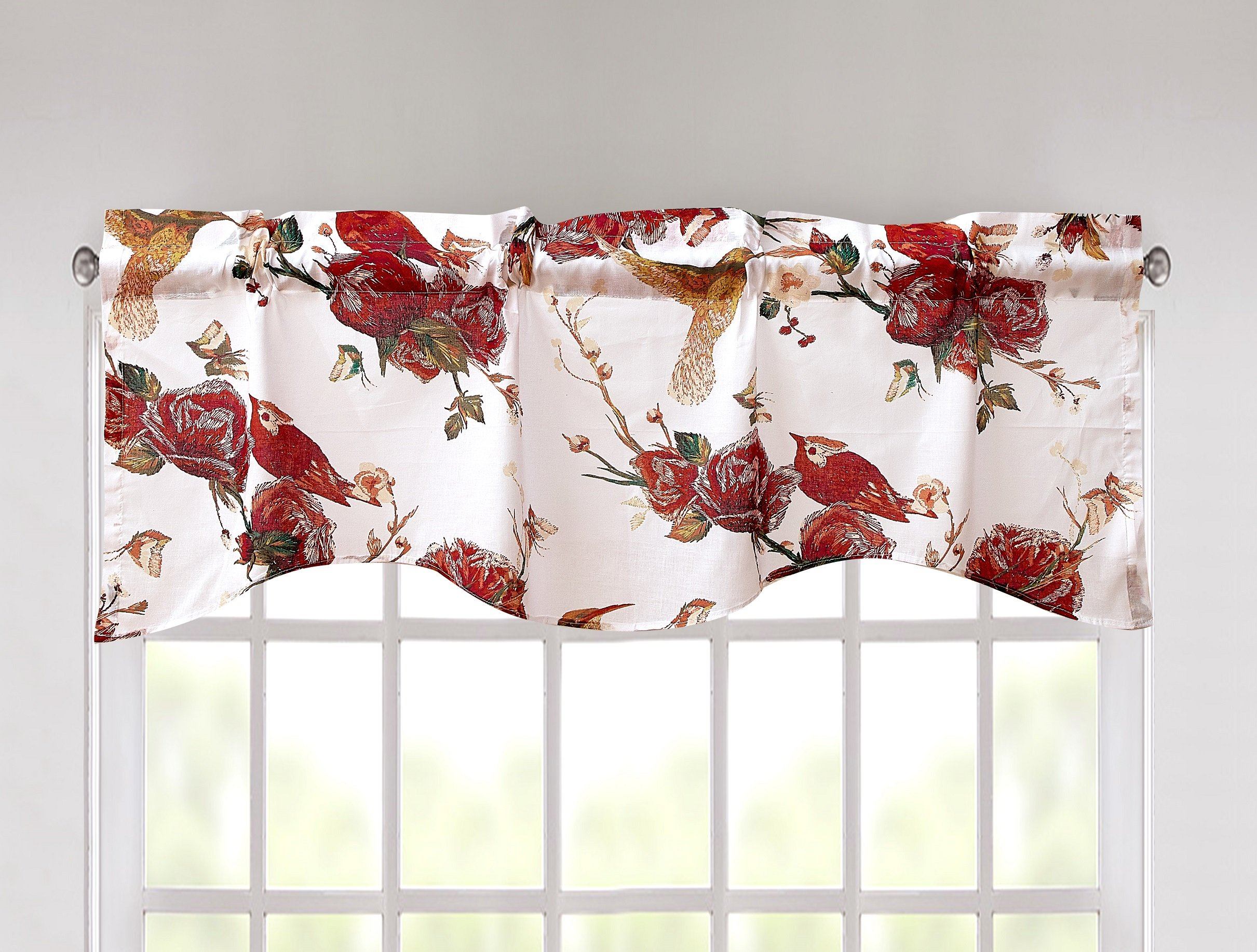 Tache Cotton White Burgundy Sheer Scalloped Window Treatment Hummingbirds Rose Garden Valance (JHW-936) - Tache Home Fashion