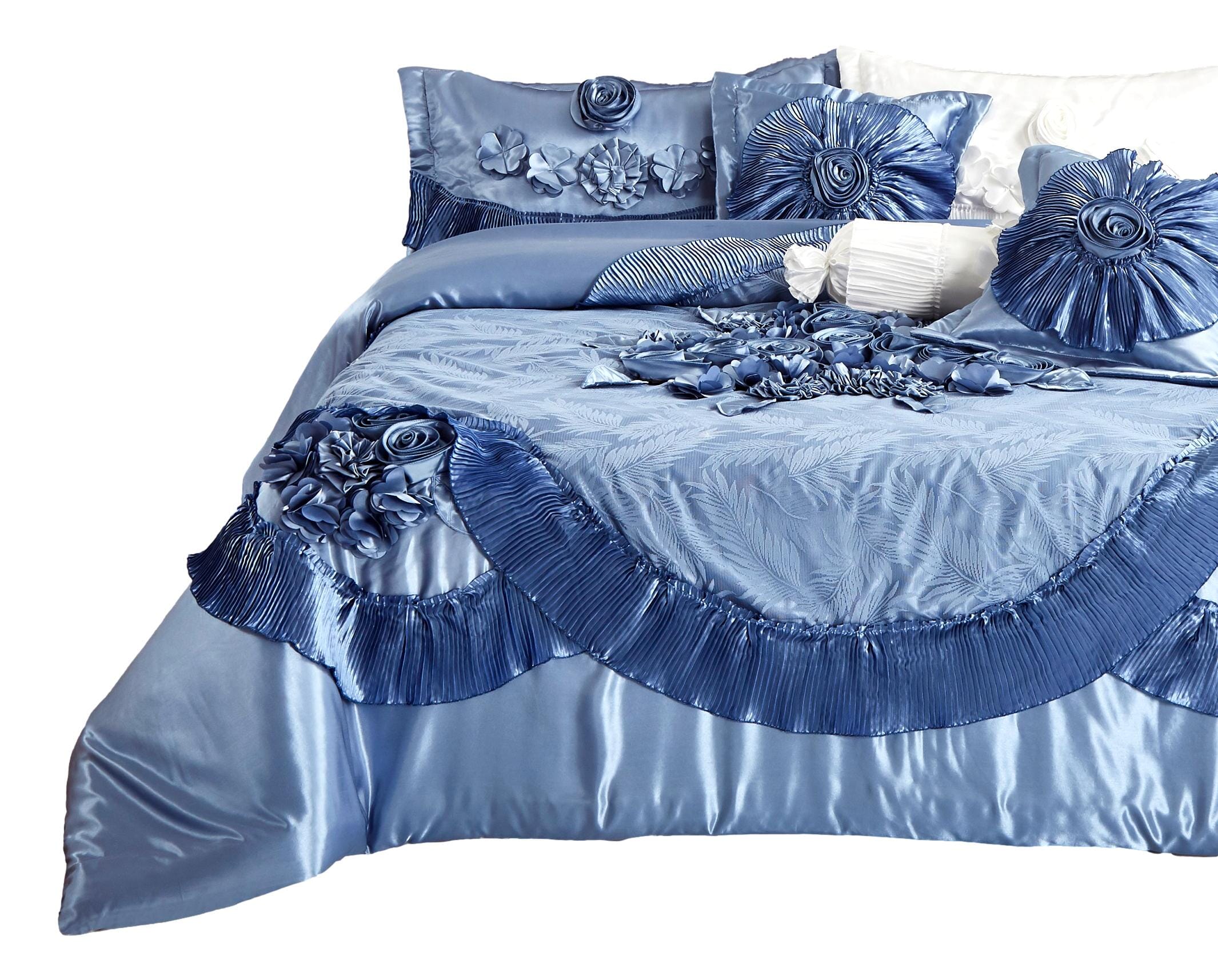 Tache Satin Floral Lace Ruffle Sweet Victorian Luxurious Blue Comforter Set Wedding Bedding Blanket Quilt Duvet (MZ002-Blue)