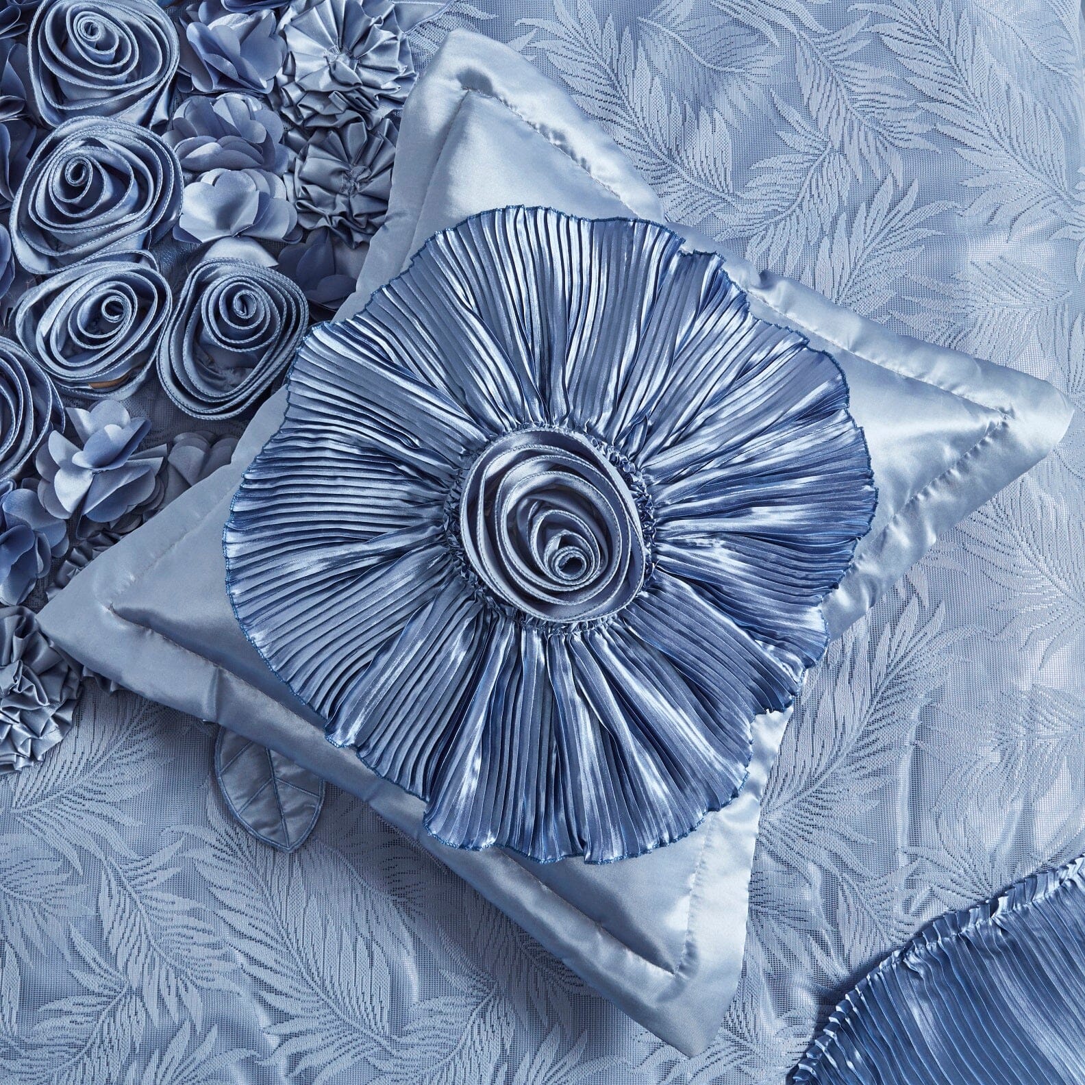 Tache Satin Floral Lace Ruffle Sweet Victorian Luxurious Blue Comforter Set Wedding Bedding Blanket Quilt Duvet (MZ002-Blue)